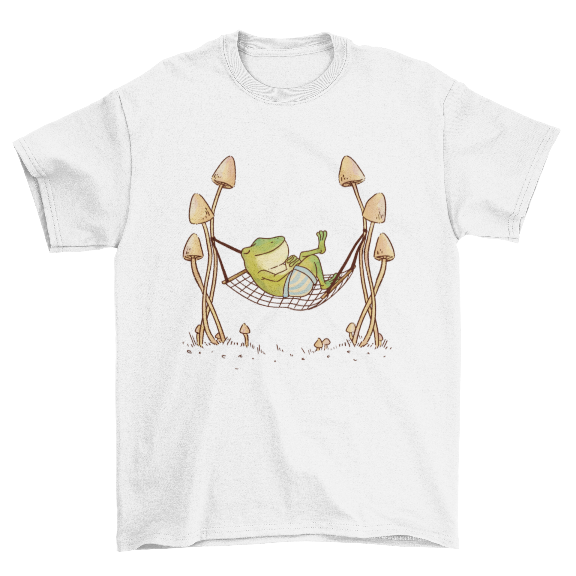 Cool Fashion Frog T-shirt featuring a frog sleeping on a hammock surrounded by colorful mushrooms.