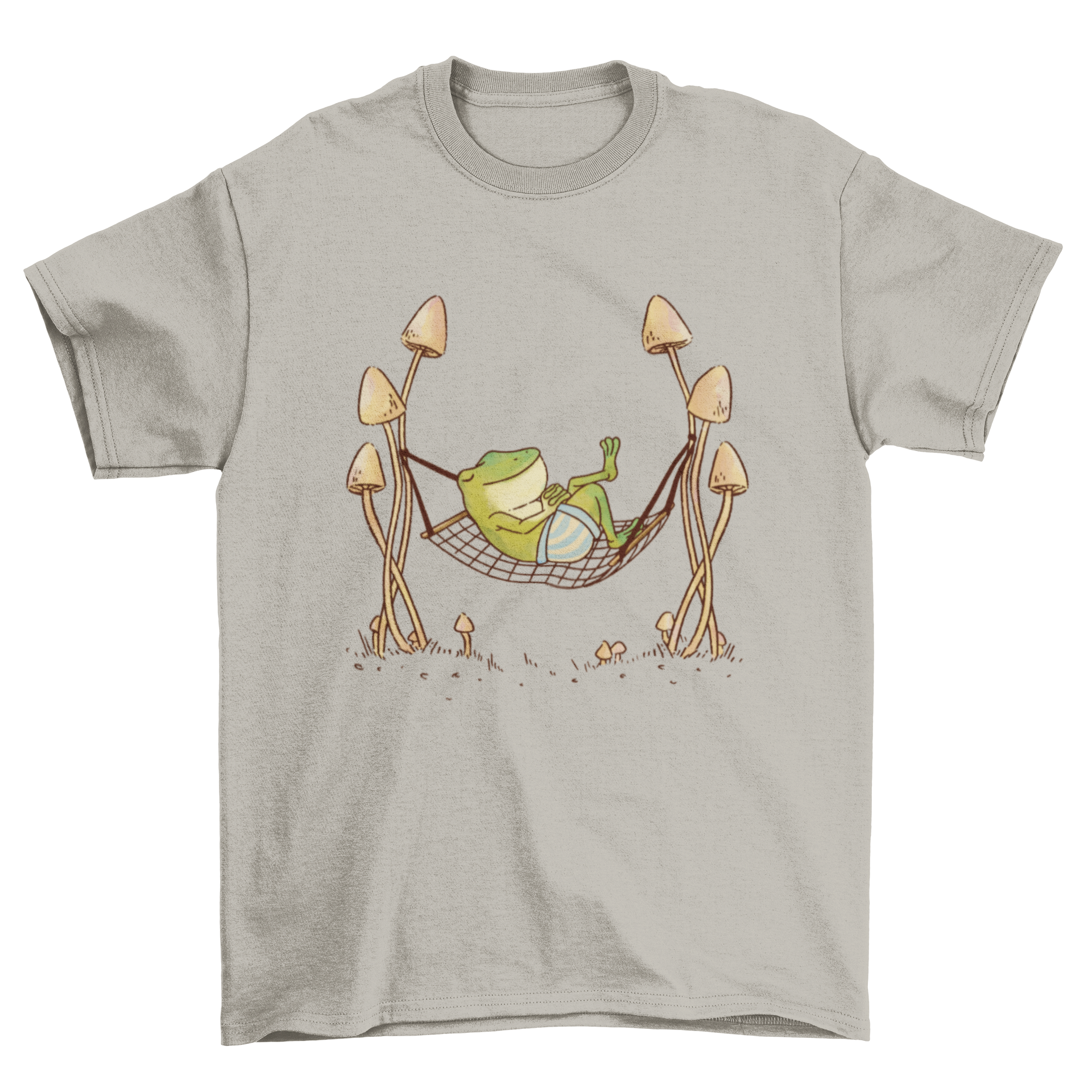 Cool Fashion Frog T-shirt featuring a frog sleeping on a hammock surrounded by colorful mushrooms.