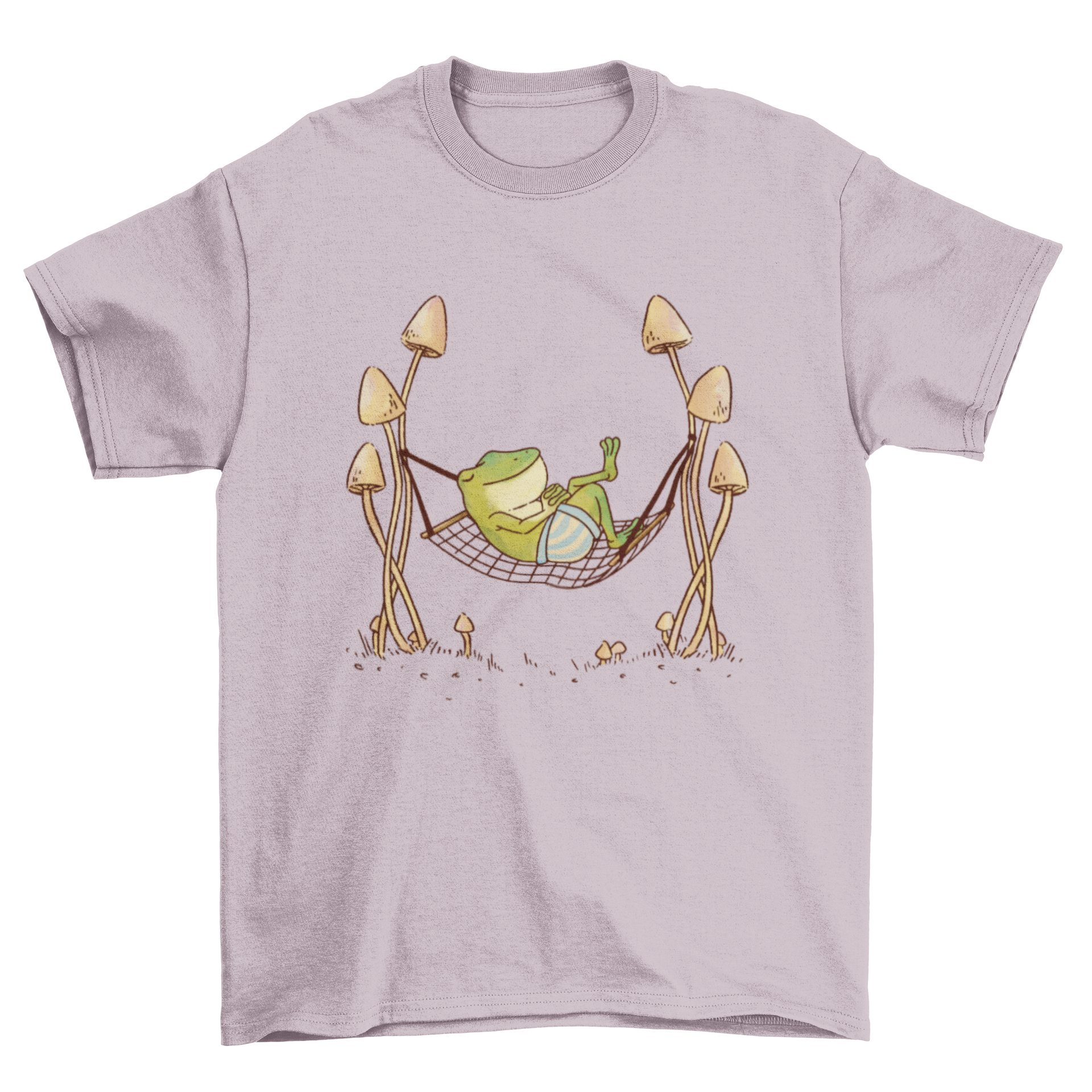 Cool Fashion Frog T-shirt featuring a frog sleeping on a hammock surrounded by colorful mushrooms.