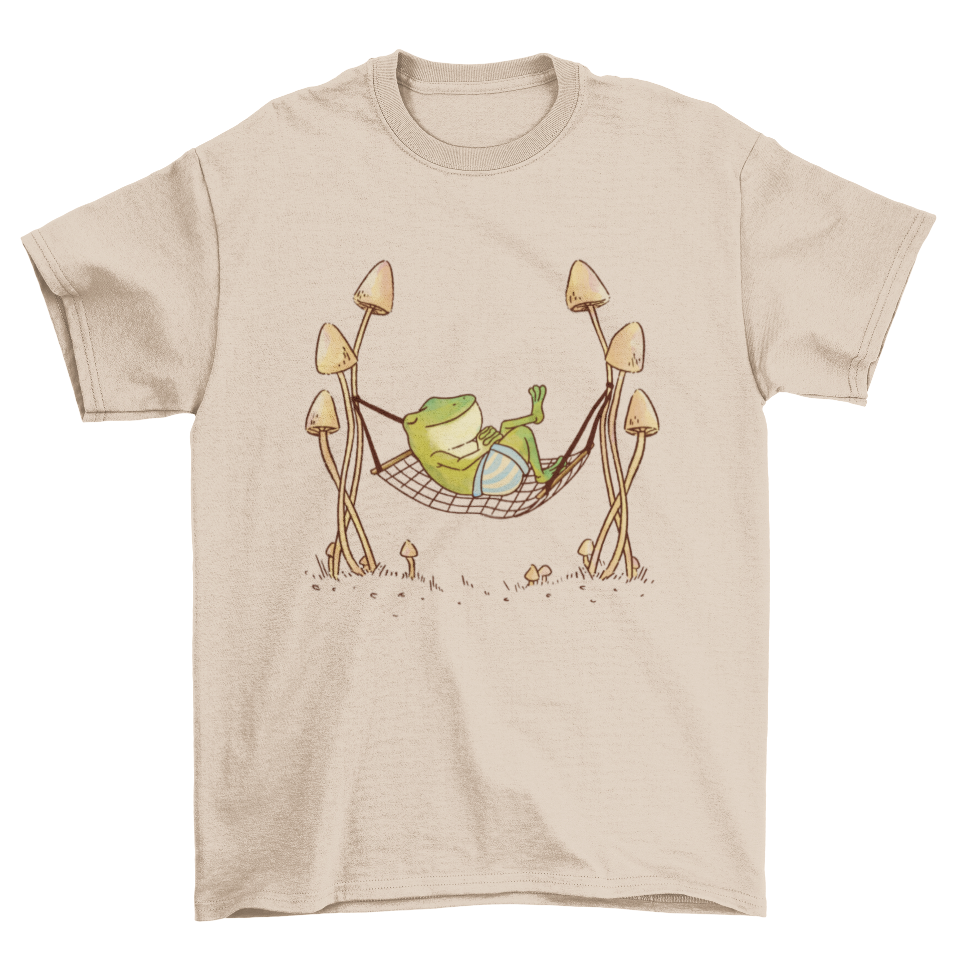 Cool Fashion Frog T-shirt featuring a frog sleeping on a hammock surrounded by colorful mushrooms.
