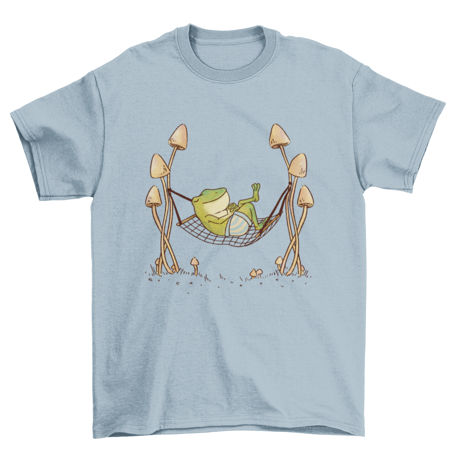 Cool Fashion Frog T-shirt featuring a frog sleeping on a hammock surrounded by colorful mushrooms.