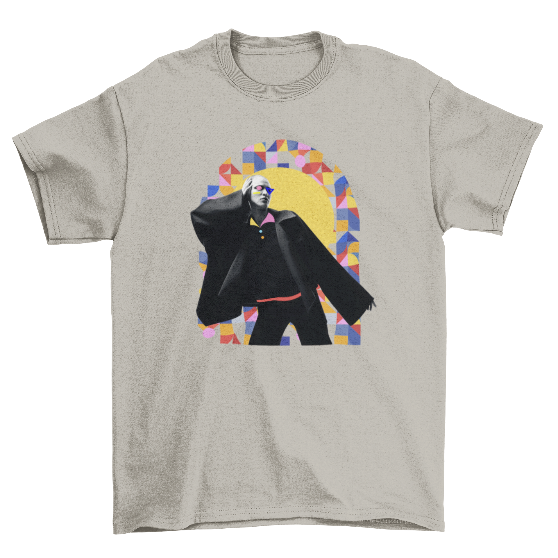 A stylish t-shirt featuring a girl posing in front of a colorful geometric abstract background, showcasing modern fashion.