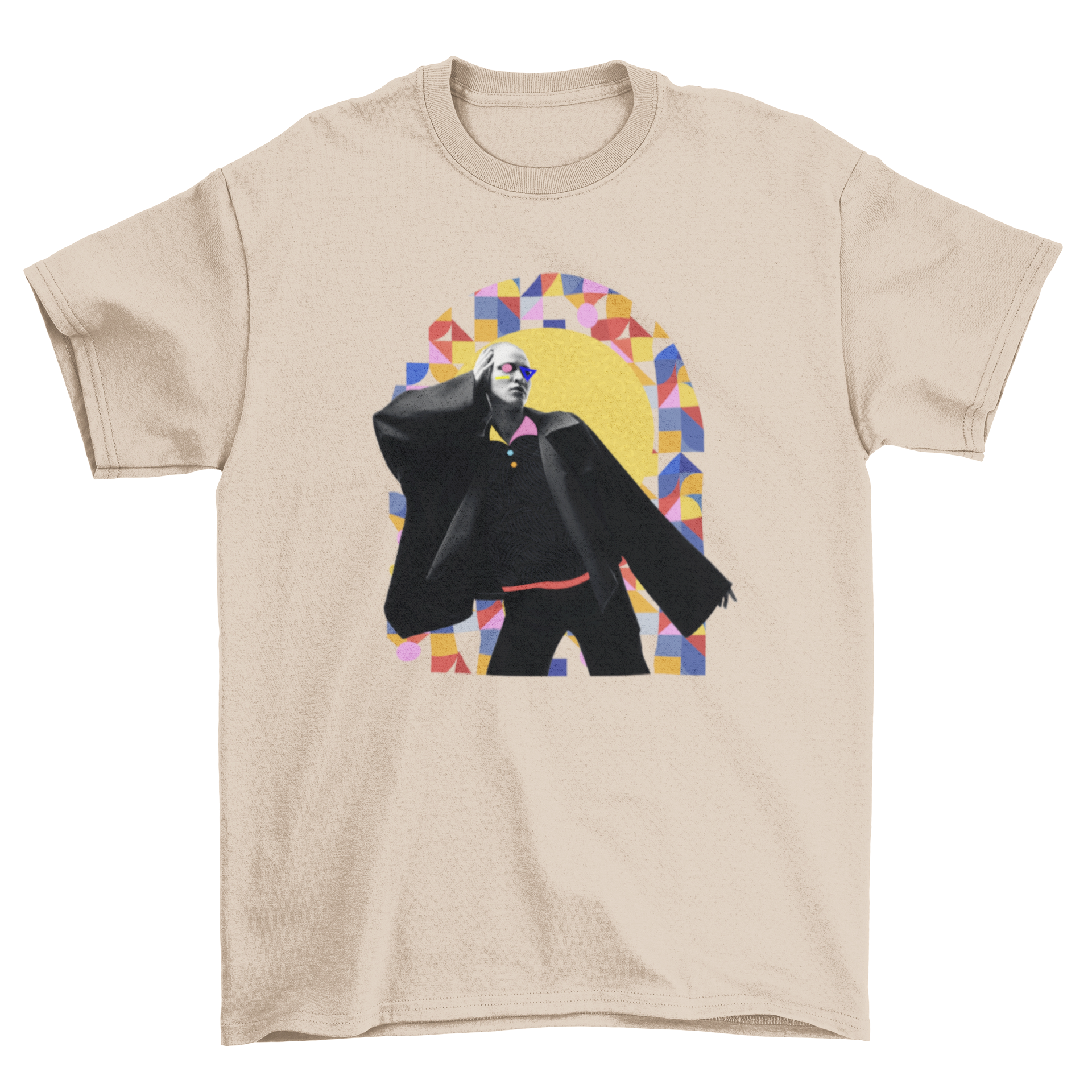 A stylish t-shirt featuring a girl posing in front of a colorful geometric abstract background, showcasing modern fashion.