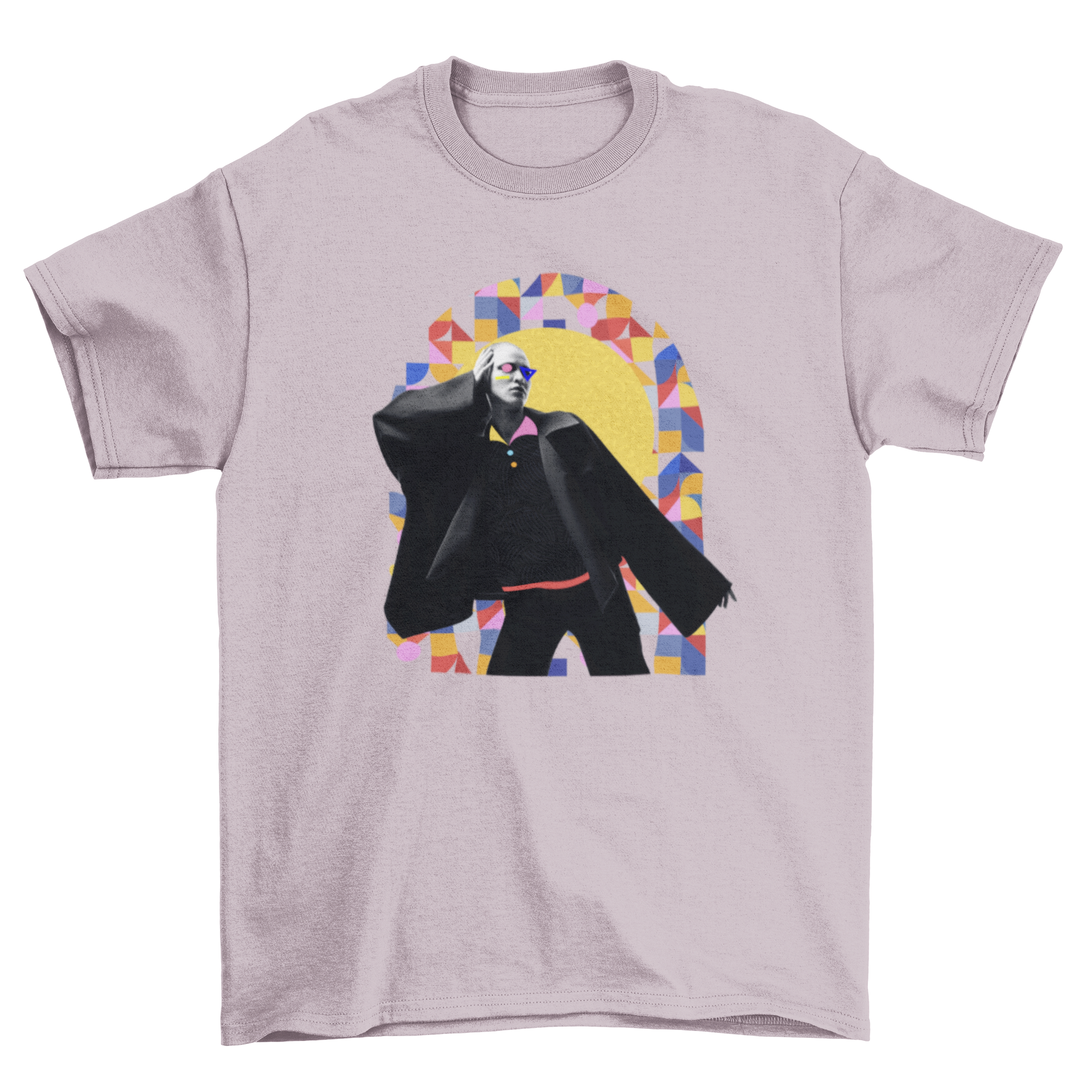 A stylish t-shirt featuring a girl posing in front of a colorful geometric abstract background, showcasing modern fashion.