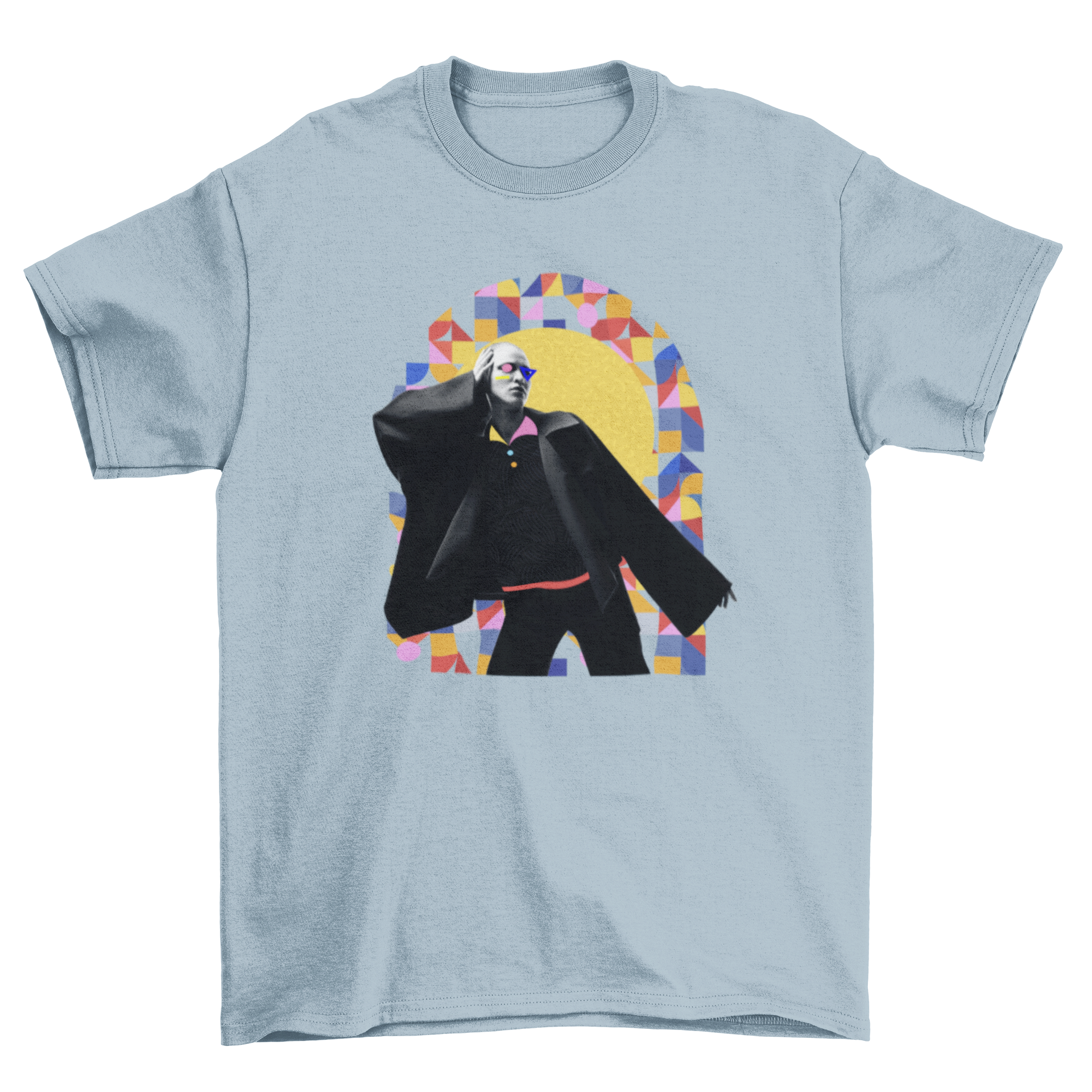 A stylish t-shirt featuring a girl posing in front of a colorful geometric abstract background, showcasing modern fashion.