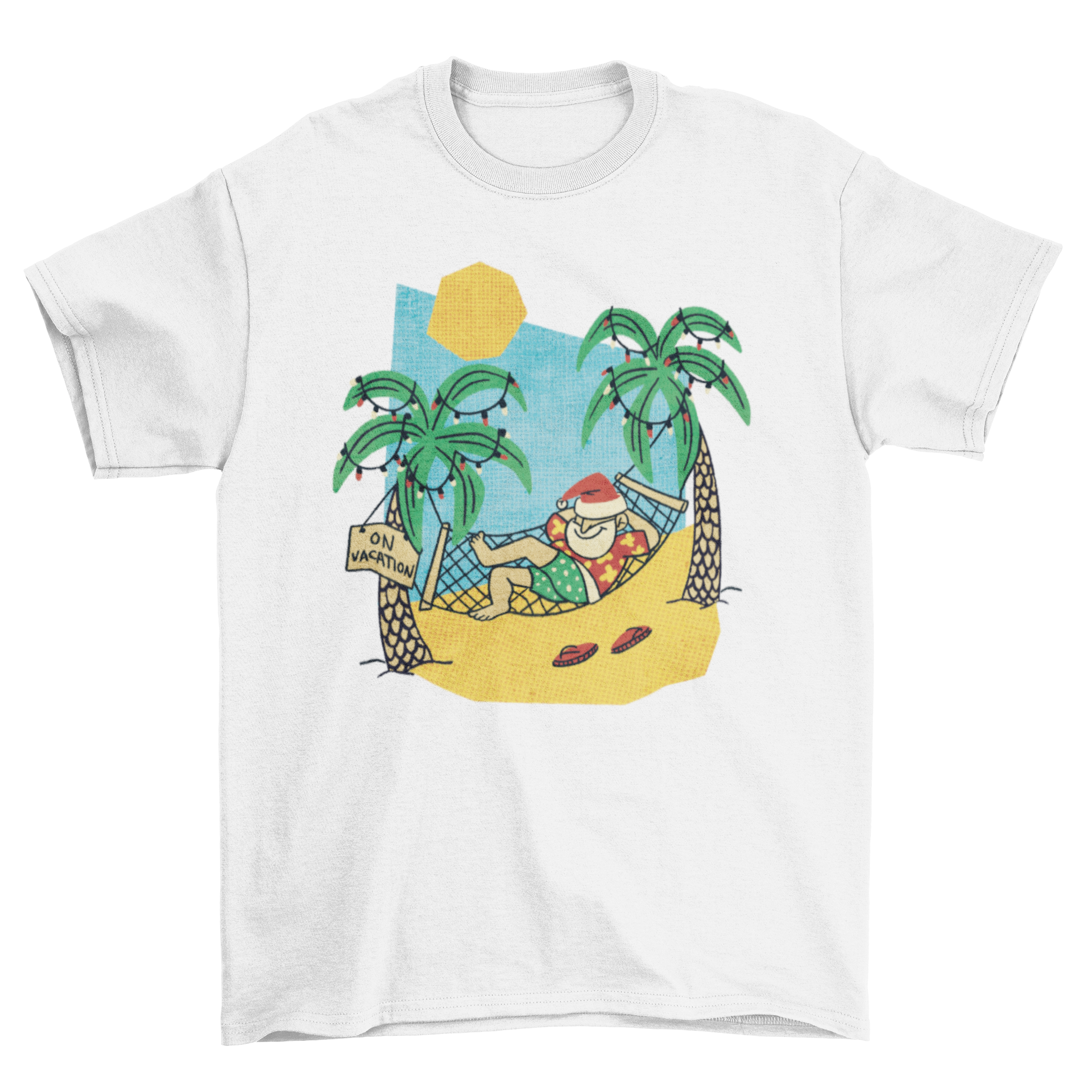 Cartoon-style t-shirt design featuring Santa relaxing on a beach, wearing sunglasses and enjoying summer vibes.