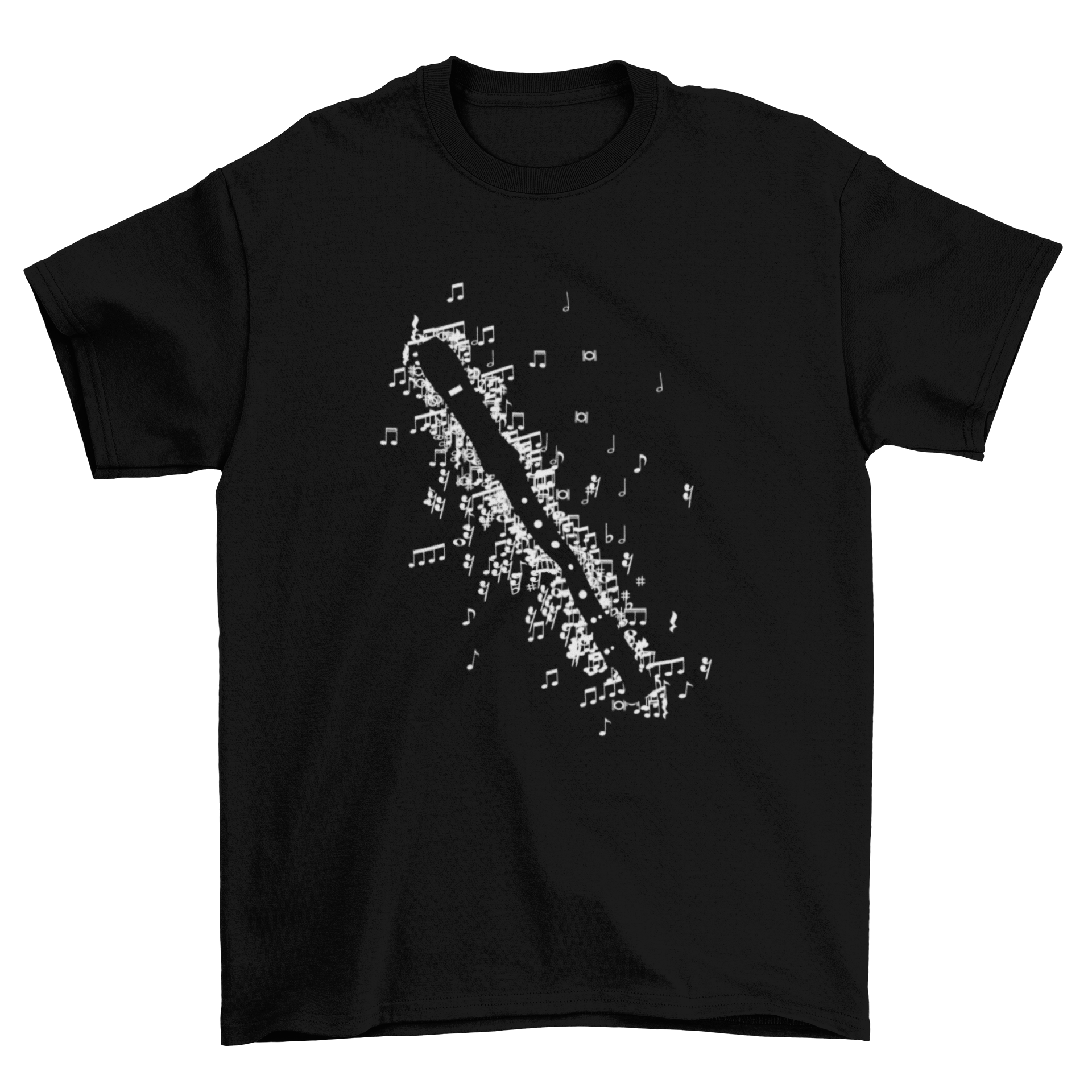 A stylish t-shirt featuring a recorder design made of musical notes, perfect for music lovers.