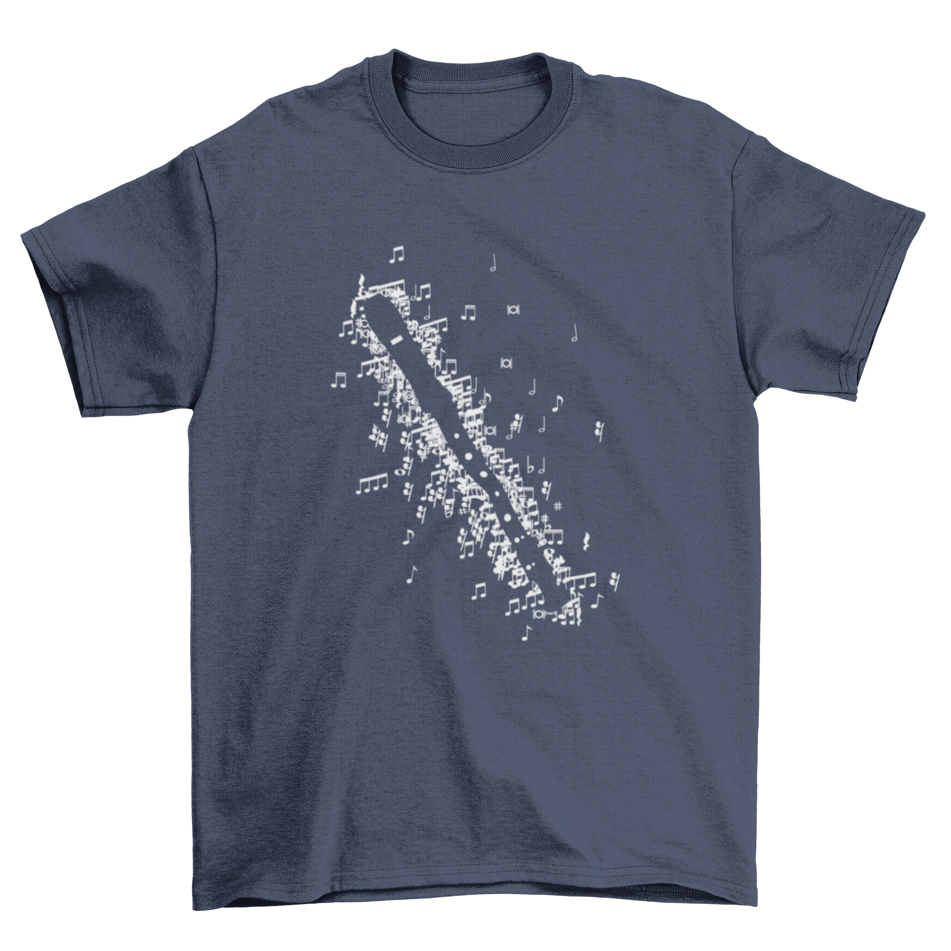 A stylish t-shirt featuring a recorder design made of musical notes, perfect for music lovers.