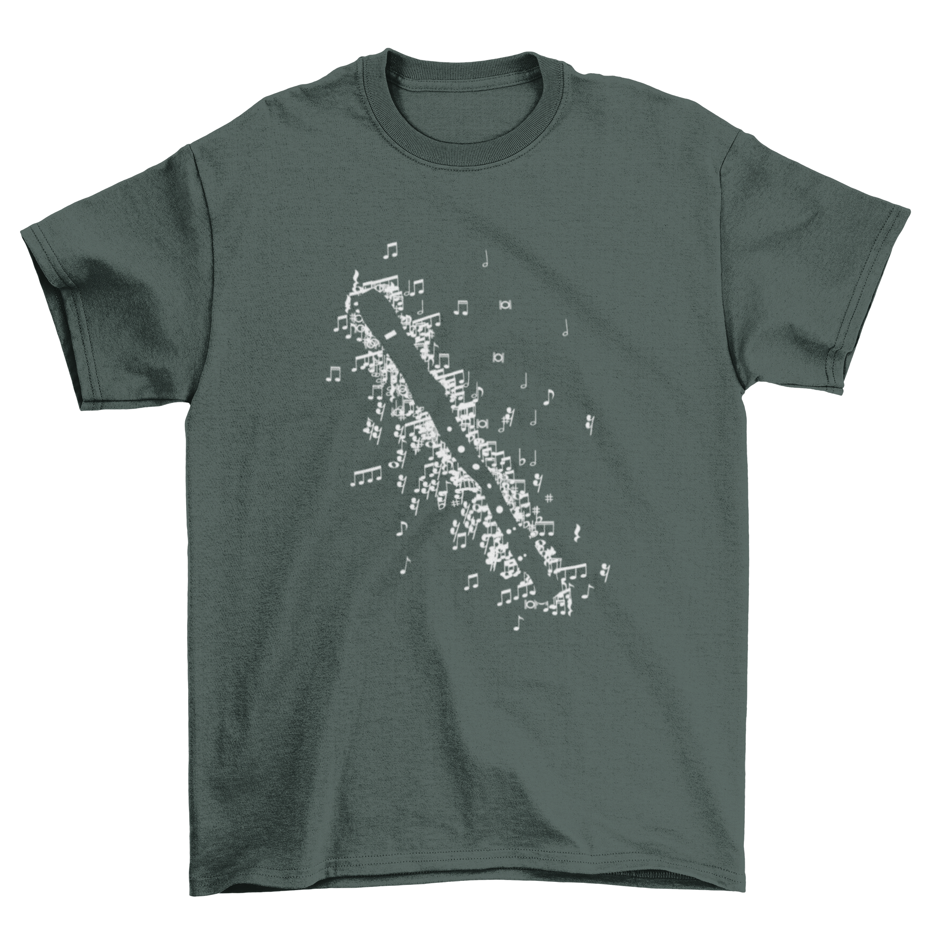 A stylish t-shirt featuring a recorder design made of musical notes, perfect for music lovers.