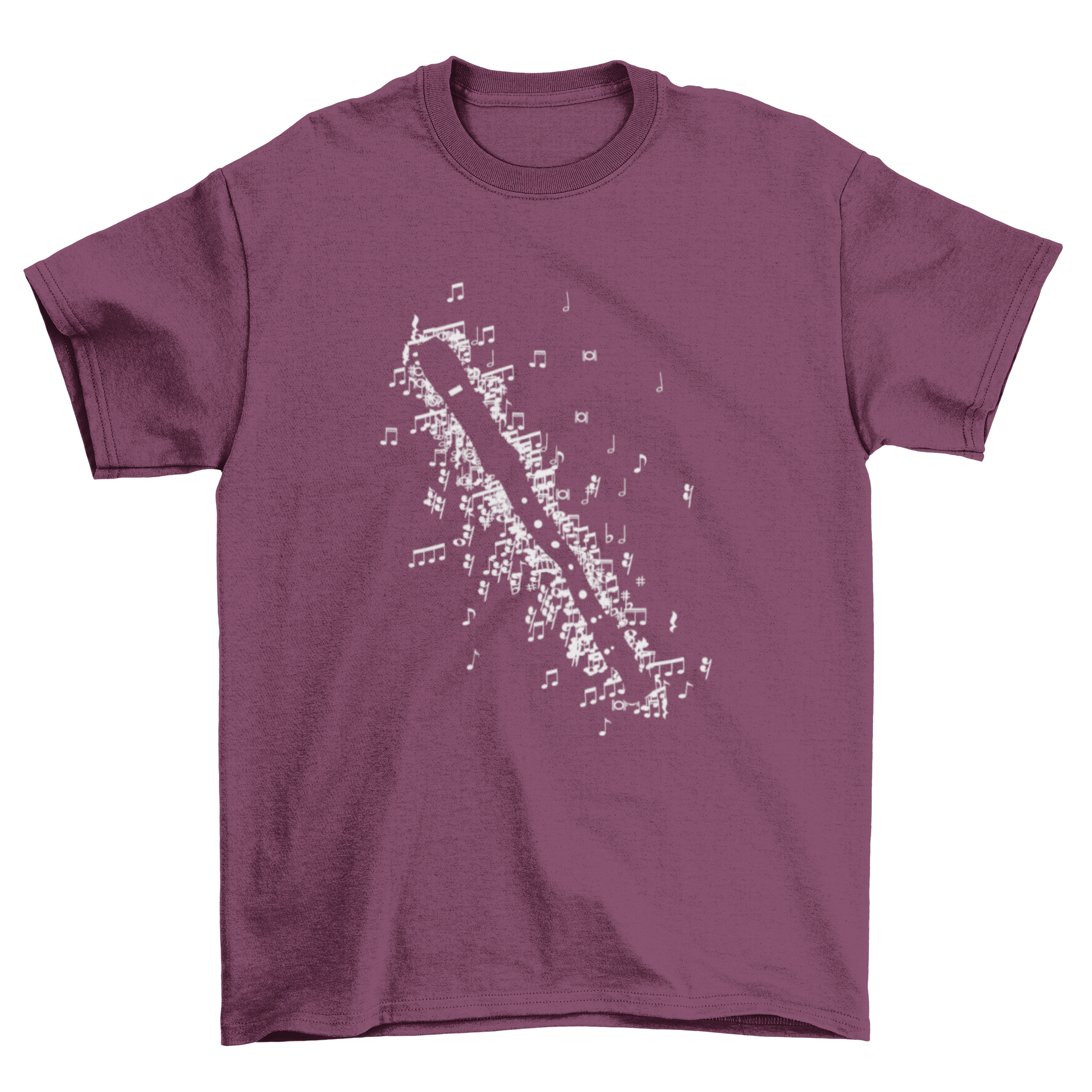 A stylish t-shirt featuring a recorder design made of musical notes, perfect for music lovers.
