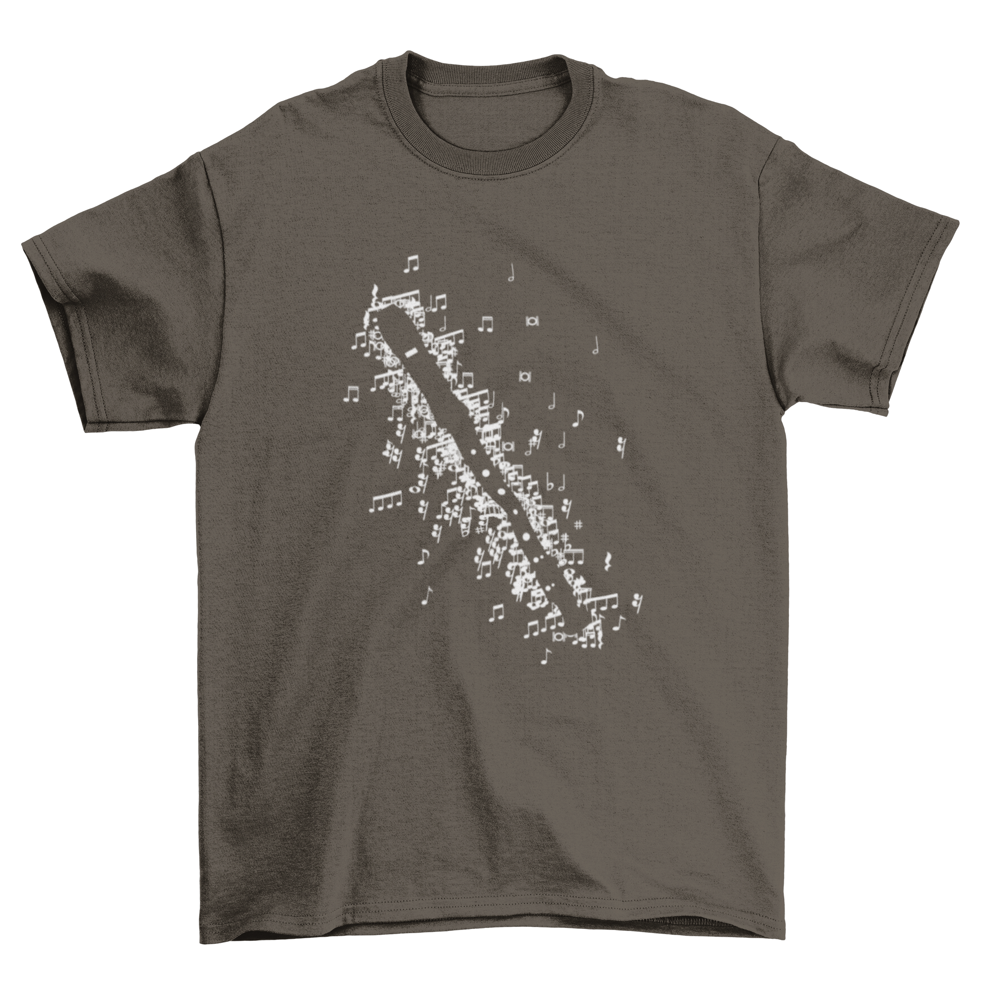 A stylish t-shirt featuring a recorder design made of musical notes, perfect for music lovers.