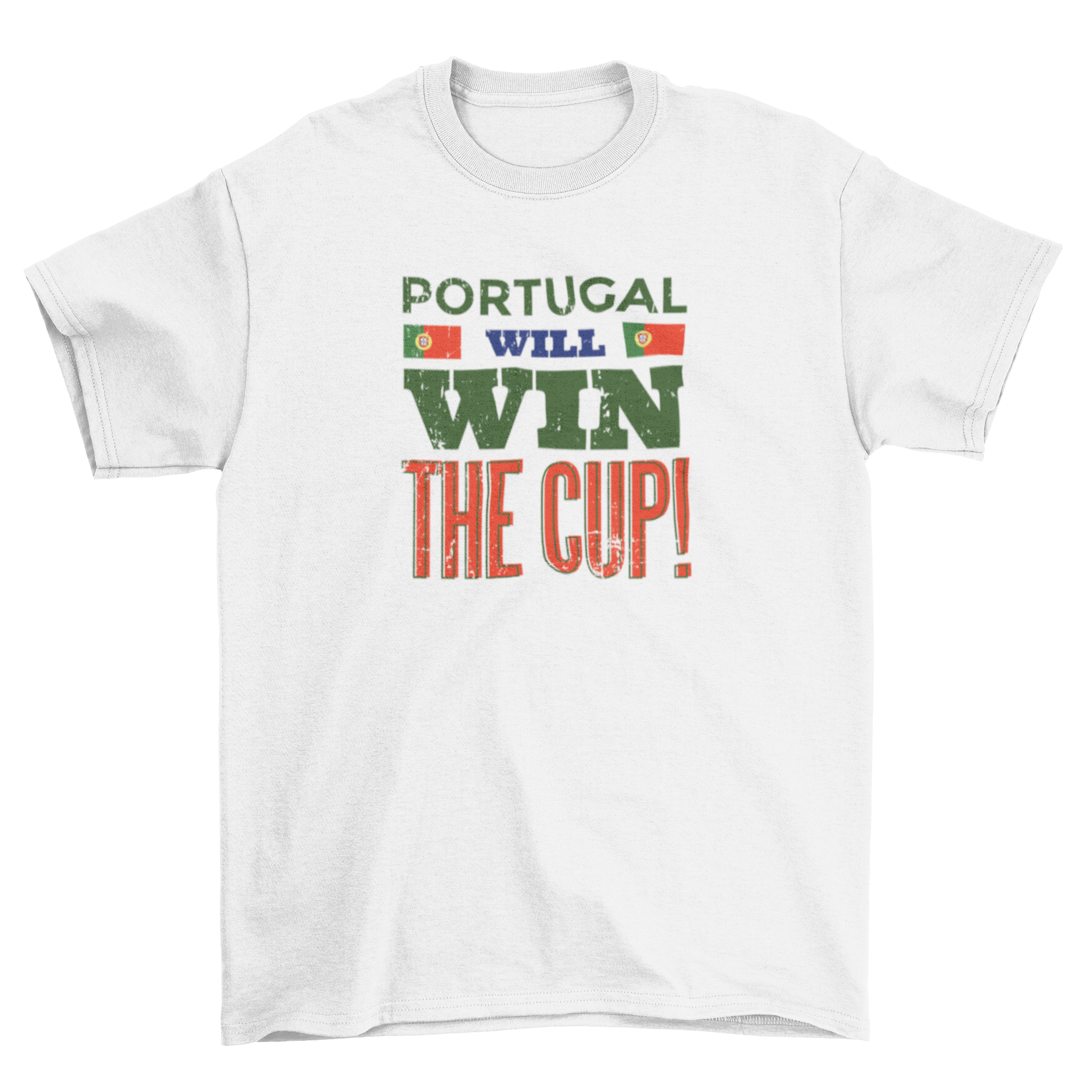 Cool football t-shirt featuring Portugal flags and 'will win the cup' caption for 2018 World Cup.