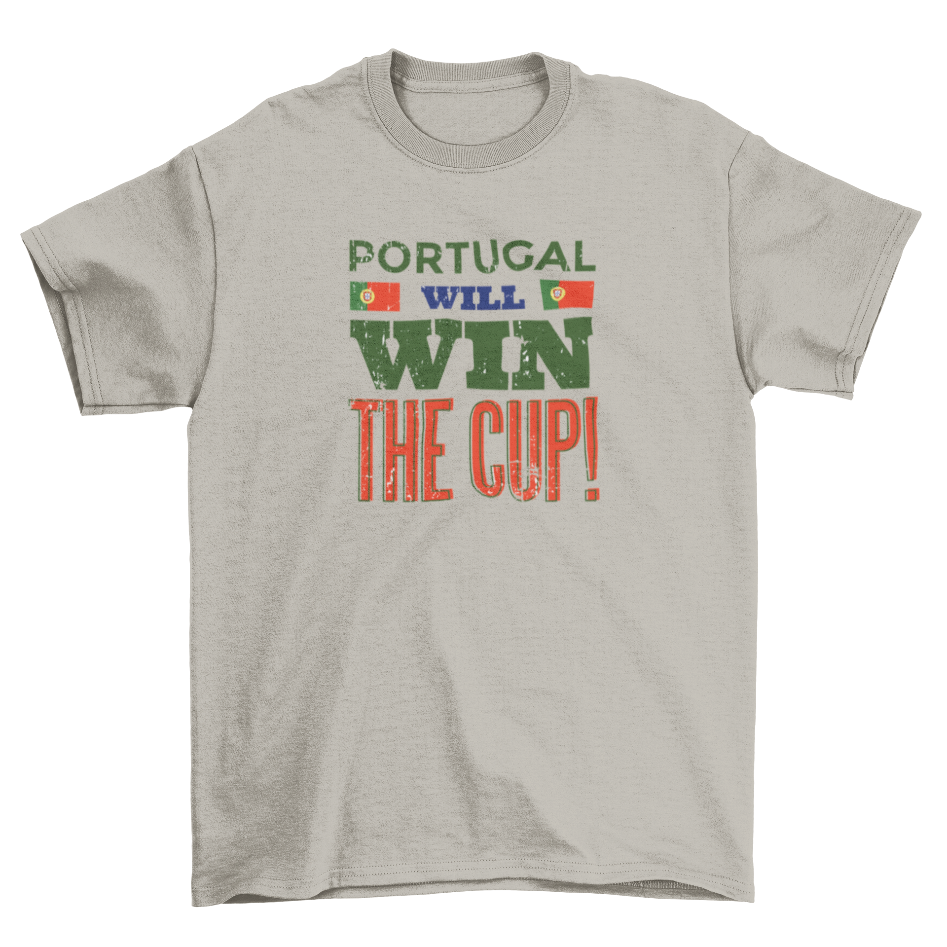 Cool football t-shirt featuring Portugal flags and 'will win the cup' caption for 2018 World Cup.