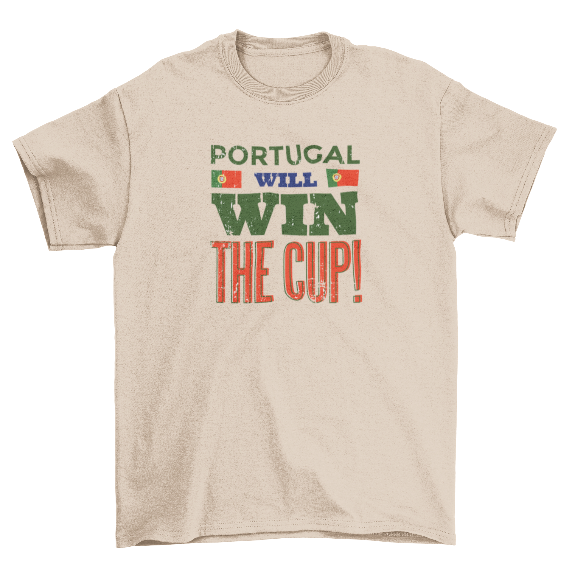 Cool football t-shirt featuring Portugal flags and 'will win the cup' caption for 2018 World Cup.