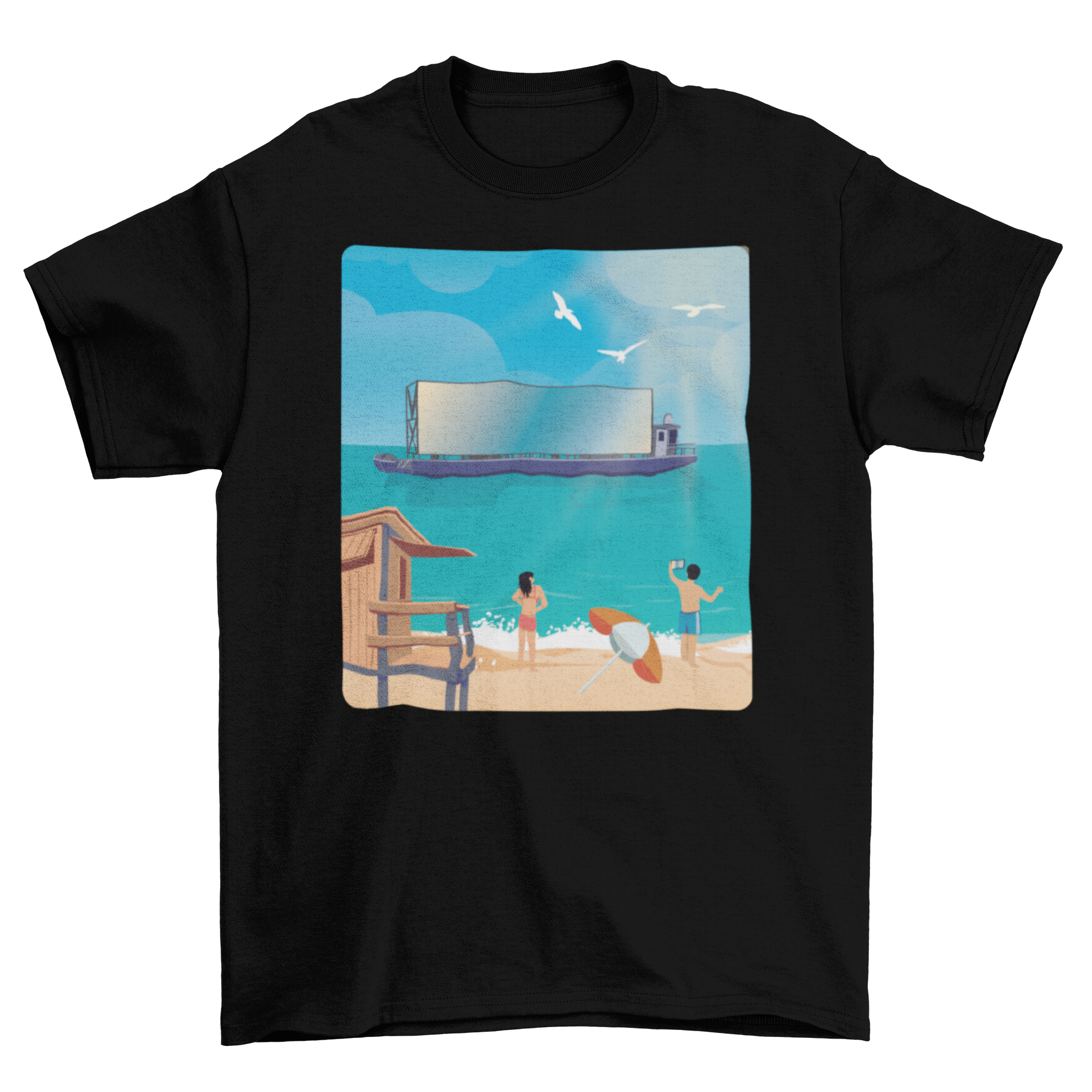 Cool t-shirt featuring a boat design over a blue ocean beach with birds in the background.