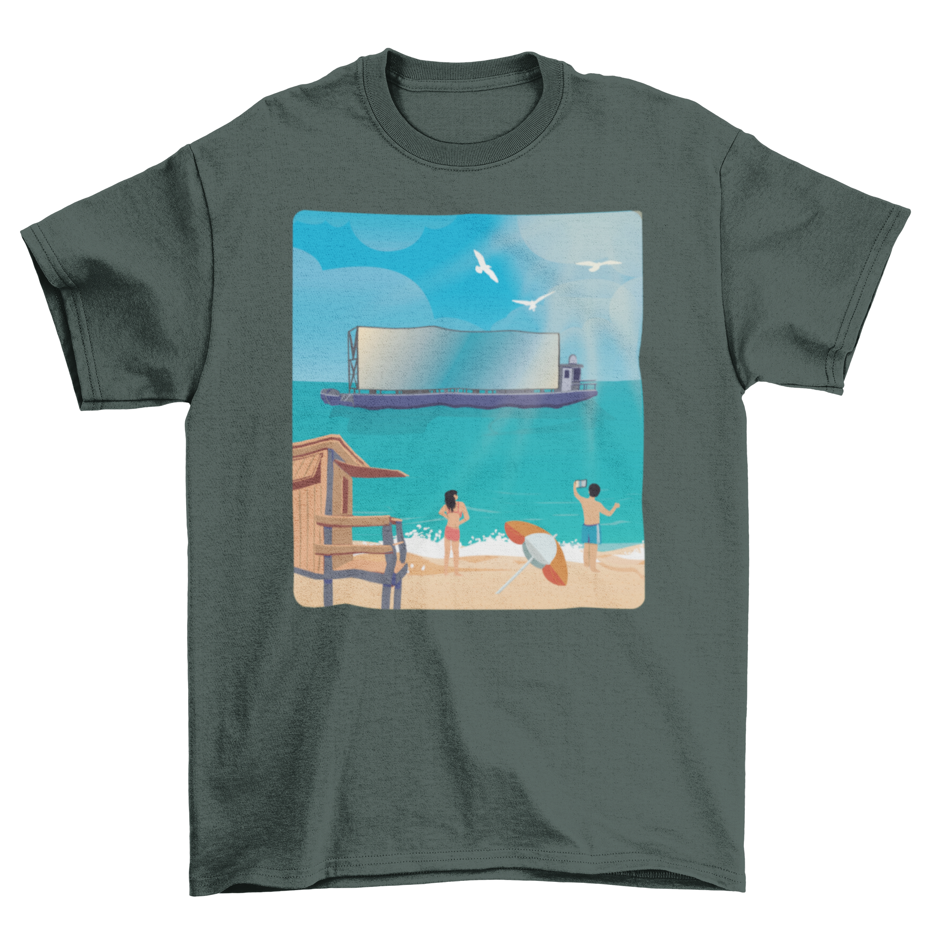 Cool t-shirt featuring a boat design over a blue ocean beach with birds in the background.