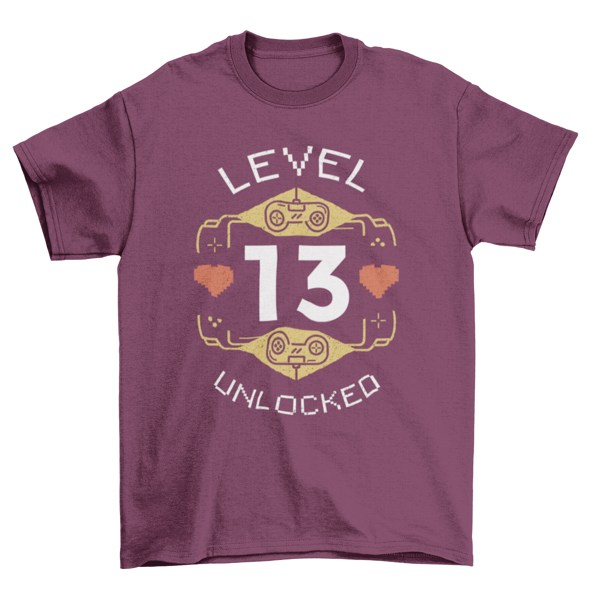 Cool gaming retro t-shirt featuring joysticks and hearts with 'Level 13 Unlocked' caption.