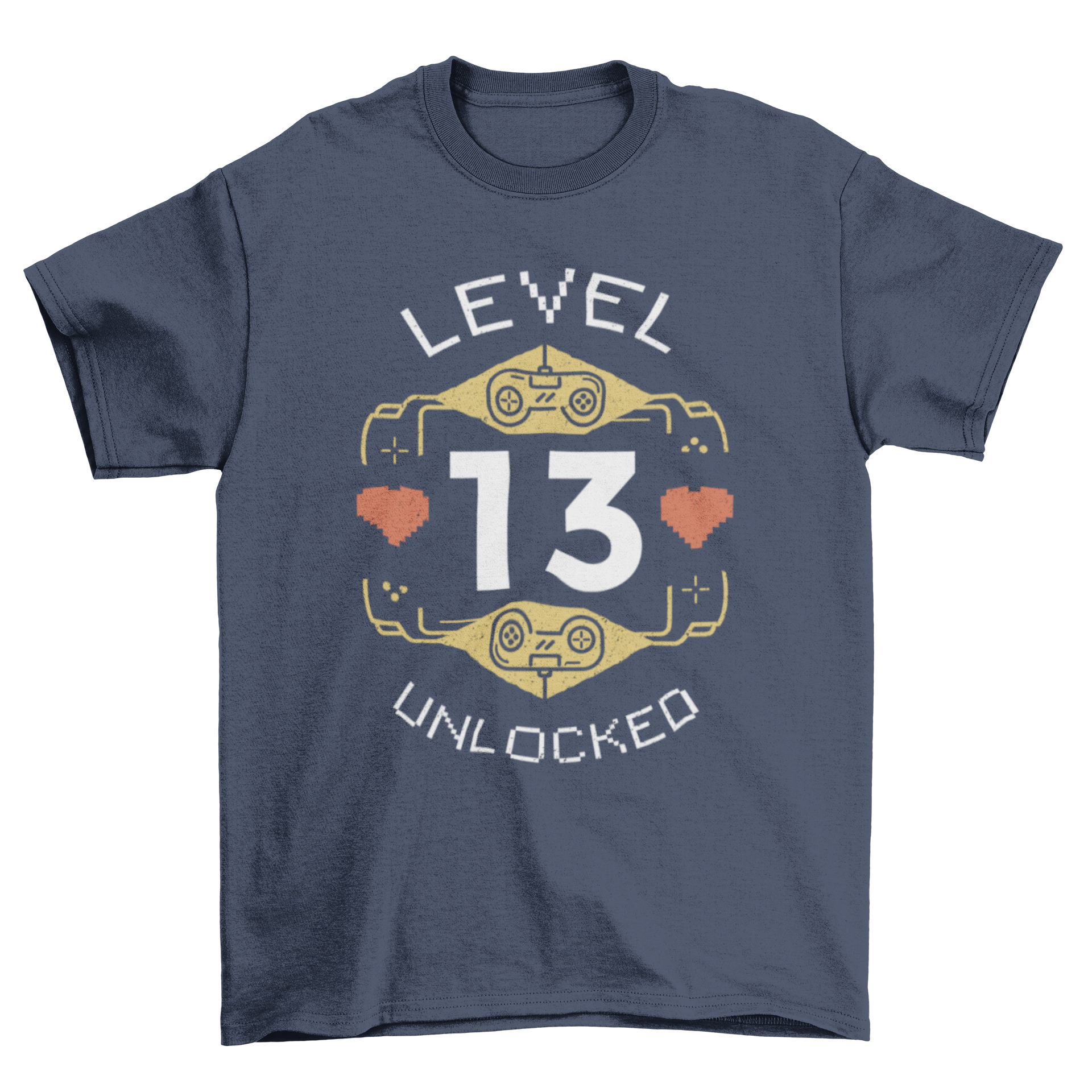 Cool gaming retro t-shirt featuring joysticks and hearts with 'Level 13 Unlocked' caption.