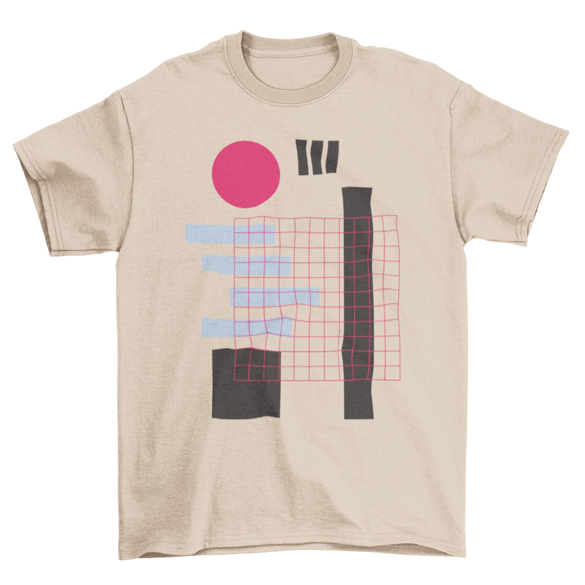 Cool geometric t-shirt featuring pink mesh overlay on black and light blue shapes.