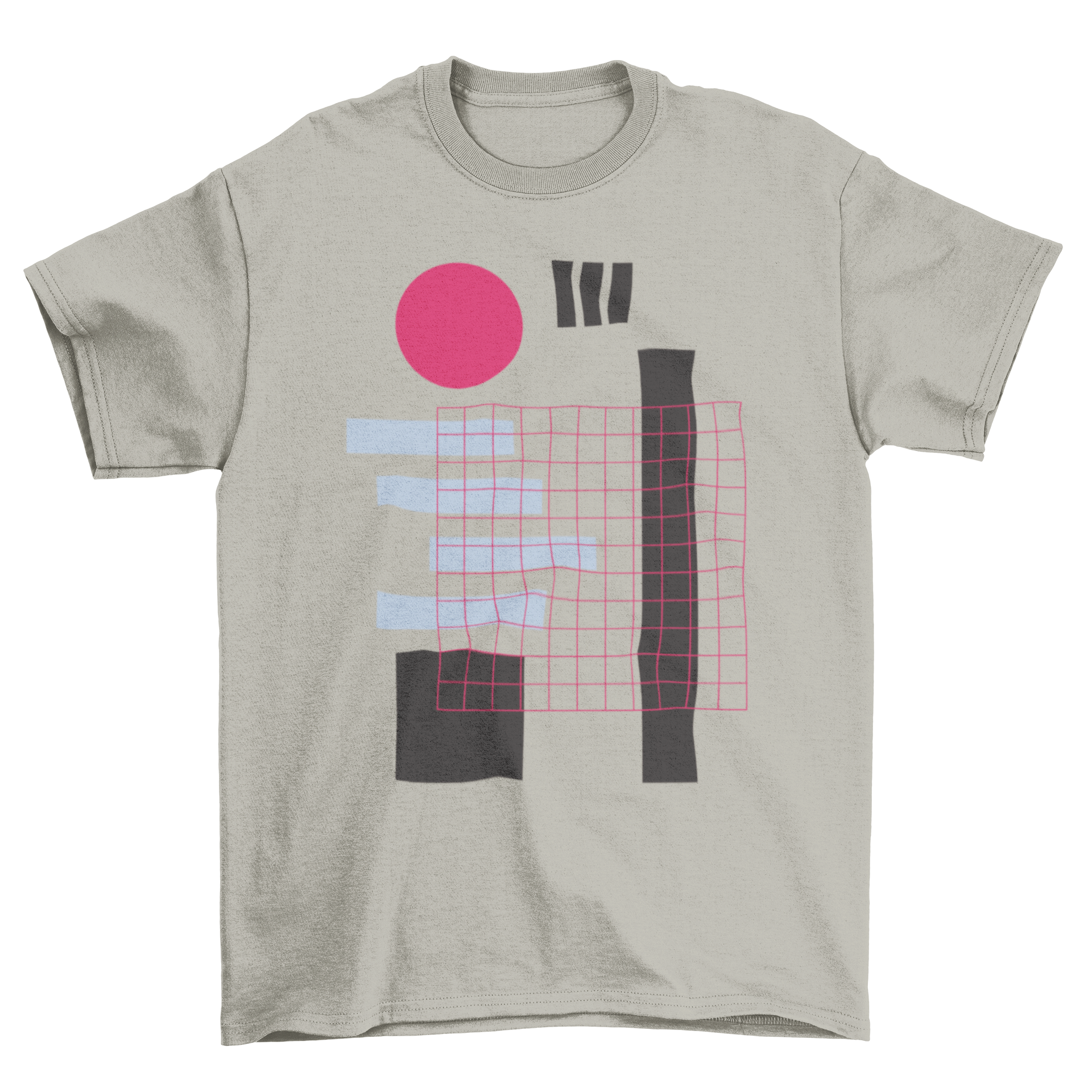 Cool geometric t-shirt featuring pink mesh overlay on black and light blue shapes.