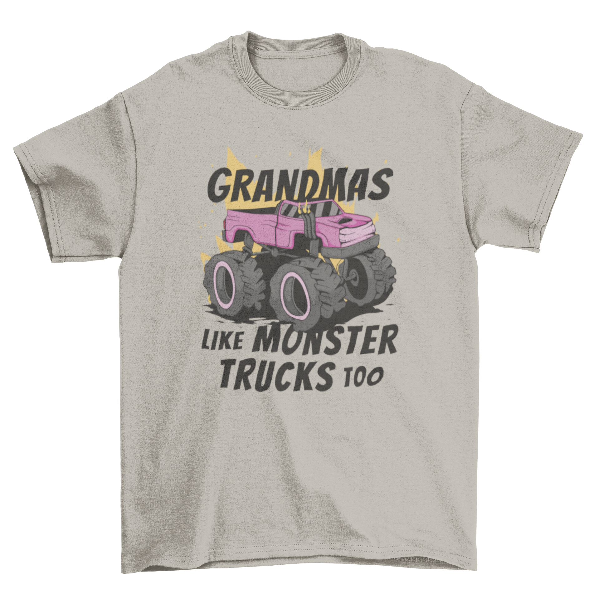 Cool grandma truck t-shirt featuring a pink truck and the quote 'Grandmas like monster trucks too'.