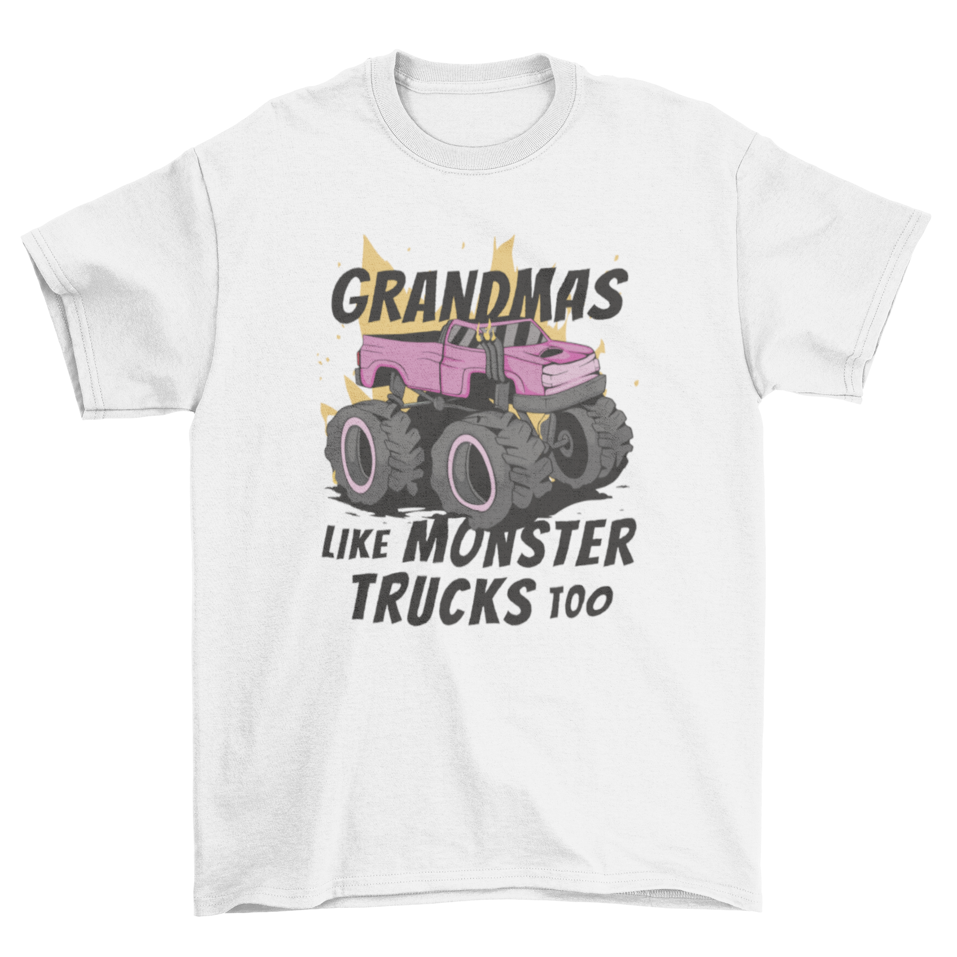 Cool grandma truck t-shirt featuring a pink truck and the quote 'Grandmas like monster trucks too'.