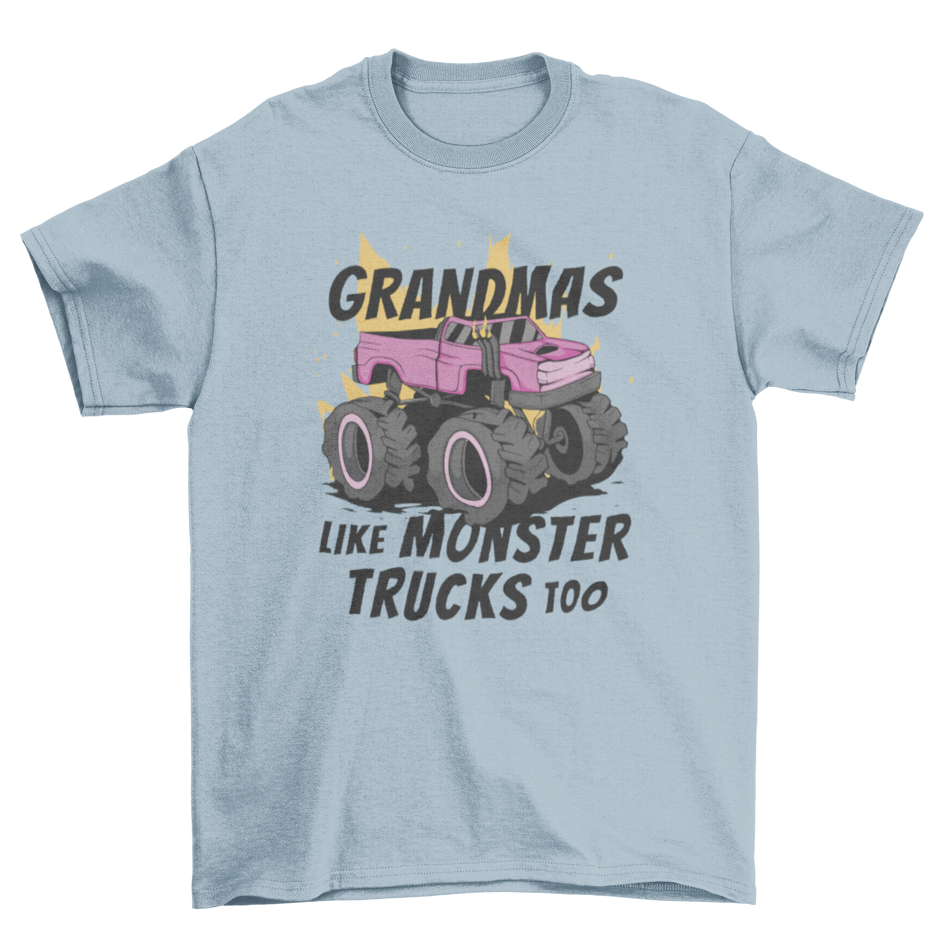 Cool grandma truck t-shirt featuring a pink truck and the quote 'Grandmas like monster trucks too'.
