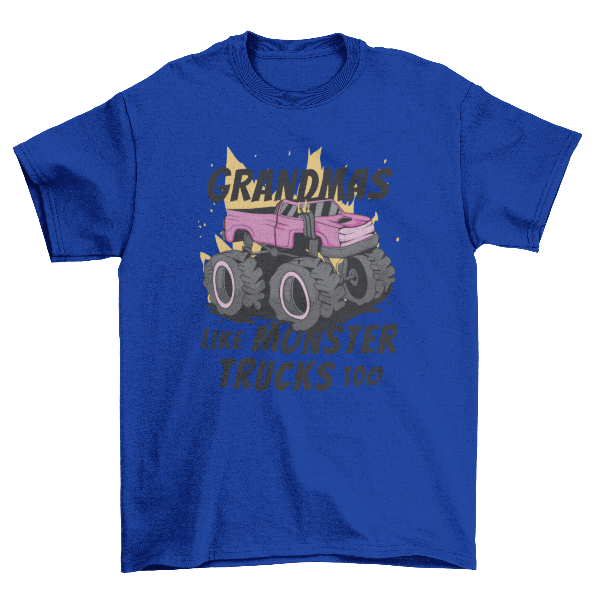 Cool grandma truck t-shirt featuring a pink truck and the quote 'Grandmas like monster trucks too'.