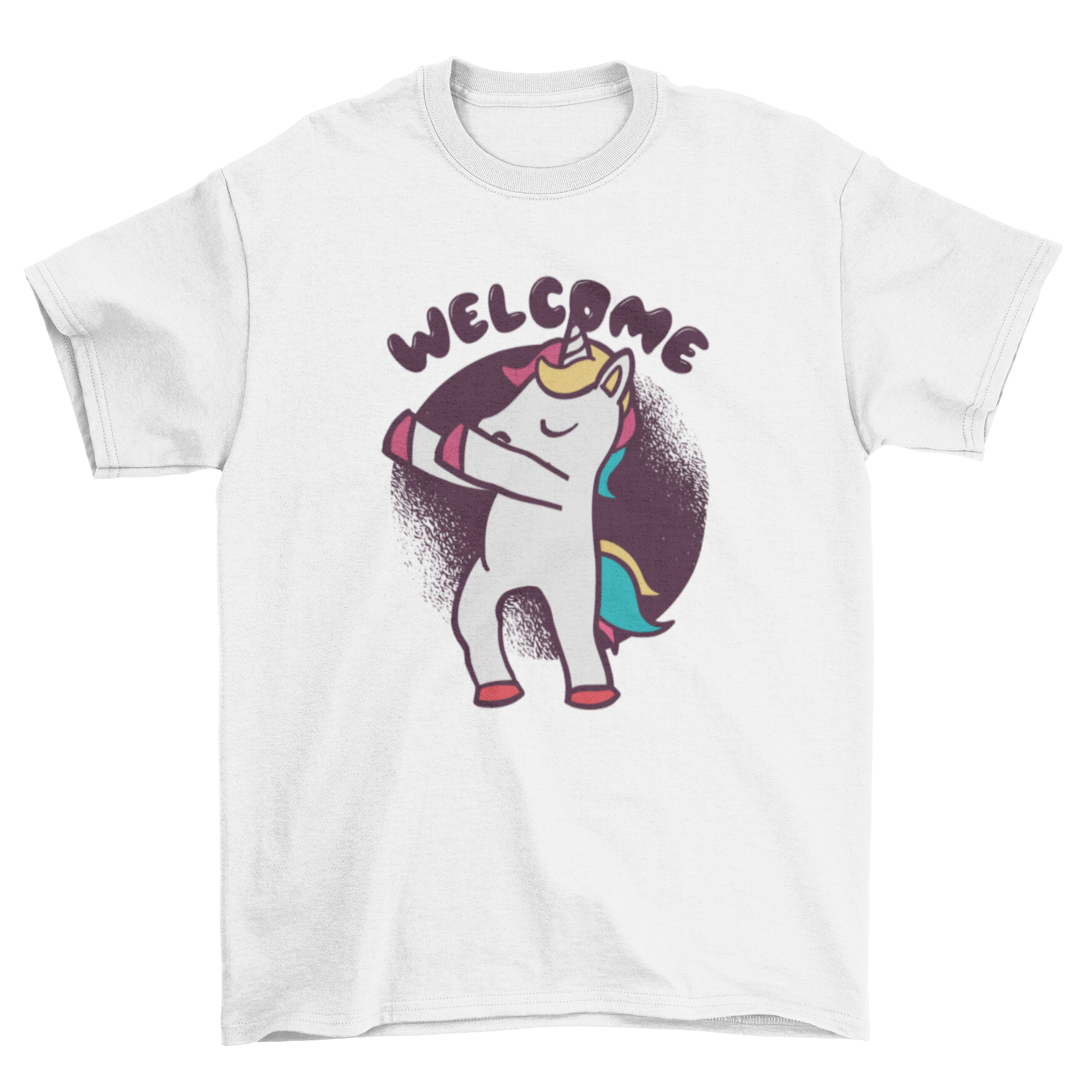 A colorful t-shirt featuring a dancing unicorn illustration with the word 'Welcome' in a playful font.