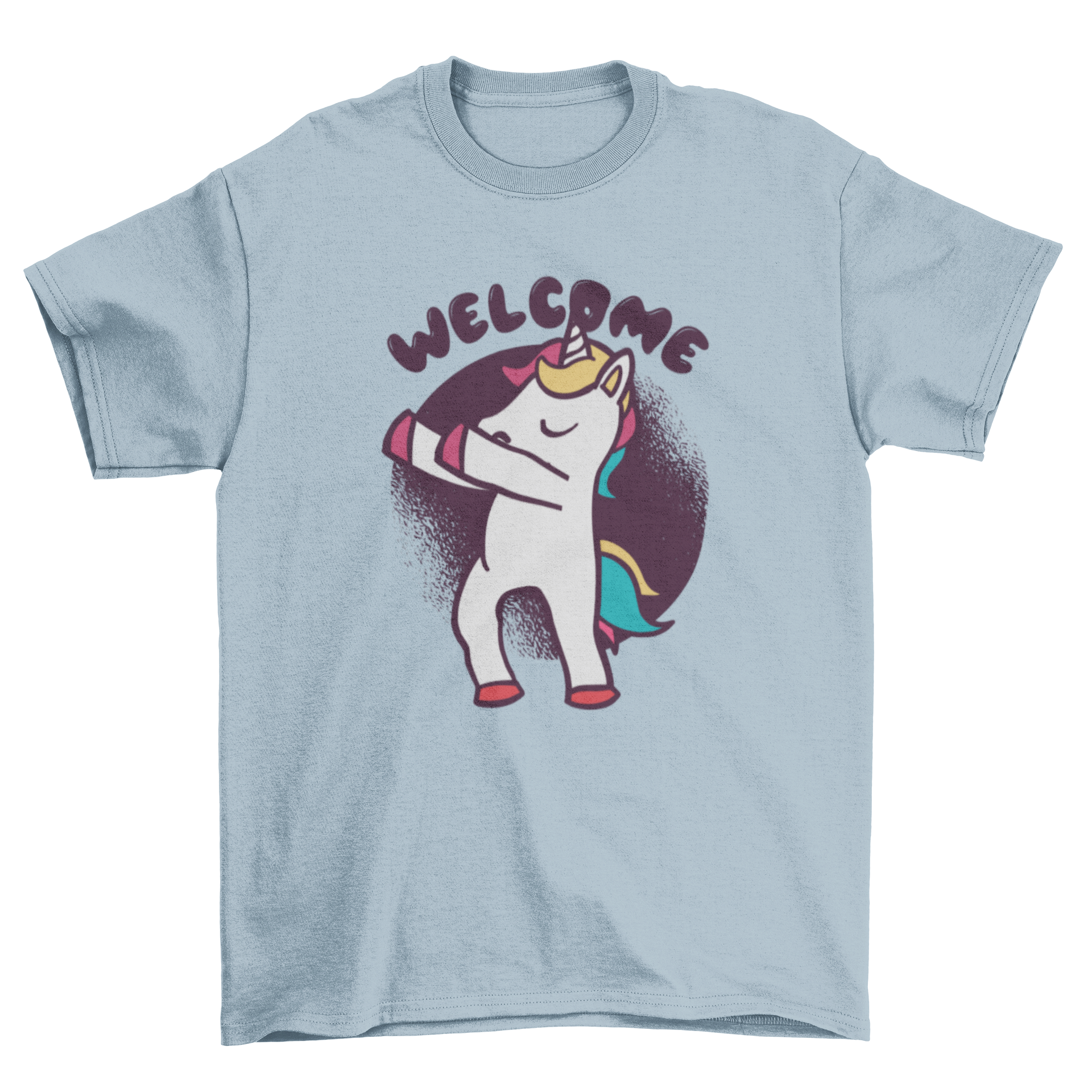 A colorful t-shirt featuring a dancing unicorn illustration with the word 'Welcome' in a playful font.