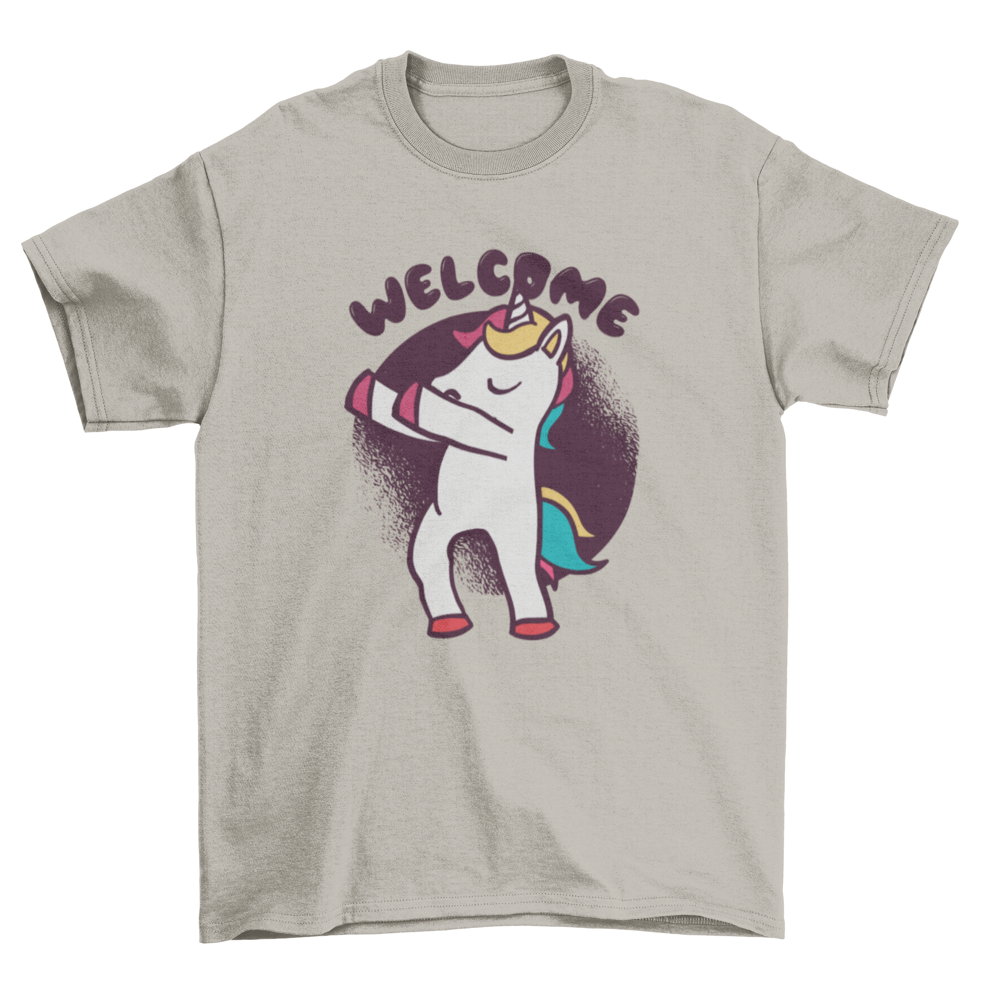 A colorful t-shirt featuring a dancing unicorn illustration with the word 'Welcome' in a playful font.