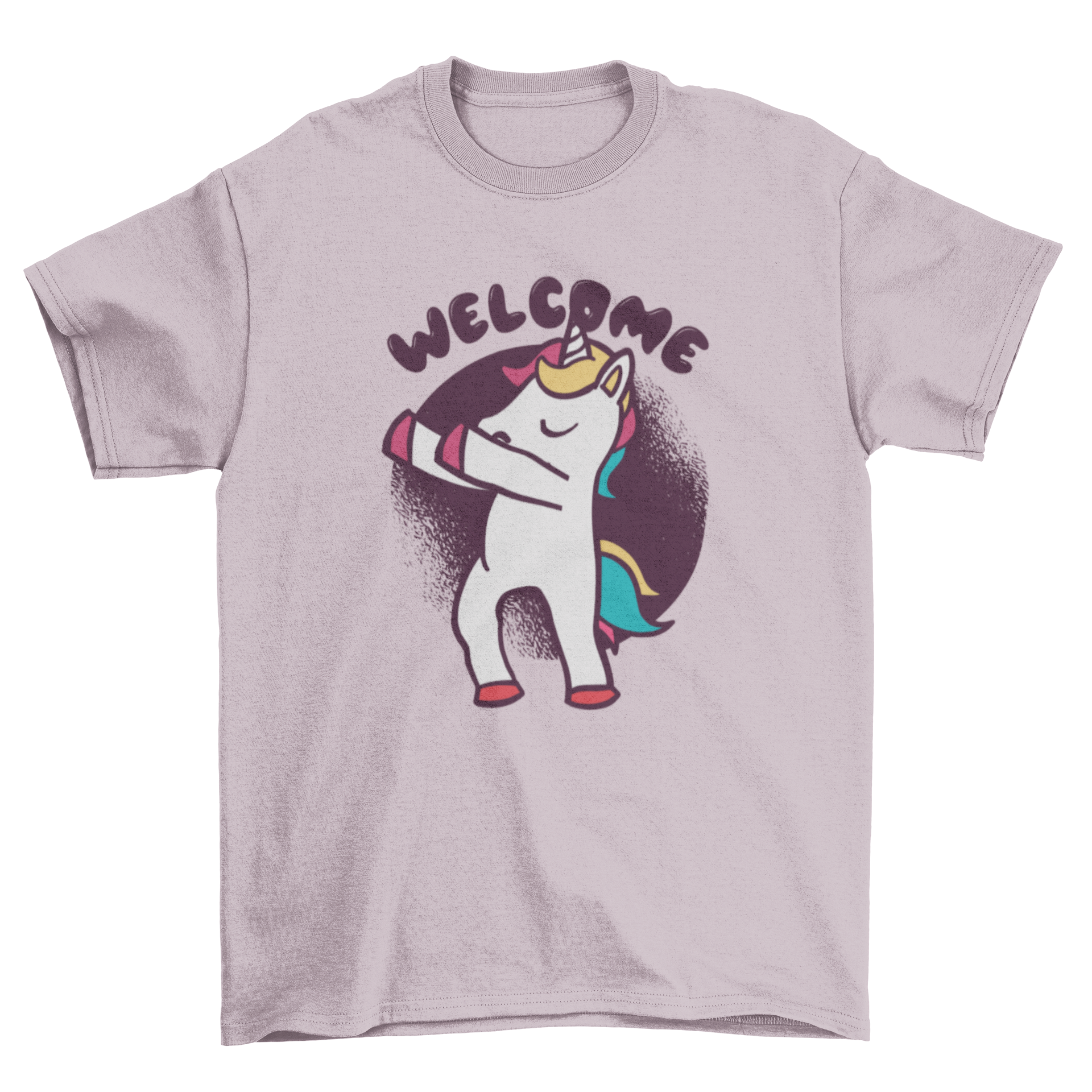 A colorful t-shirt featuring a dancing unicorn illustration with the word 'Welcome' in a playful font.