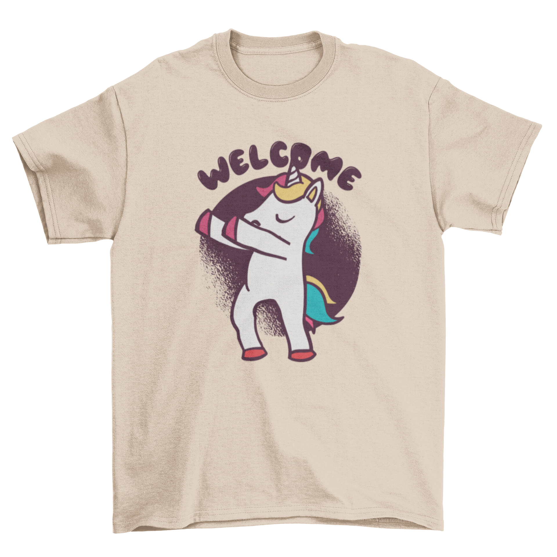 A colorful t-shirt featuring a dancing unicorn illustration with the word 'Welcome' in a playful font.