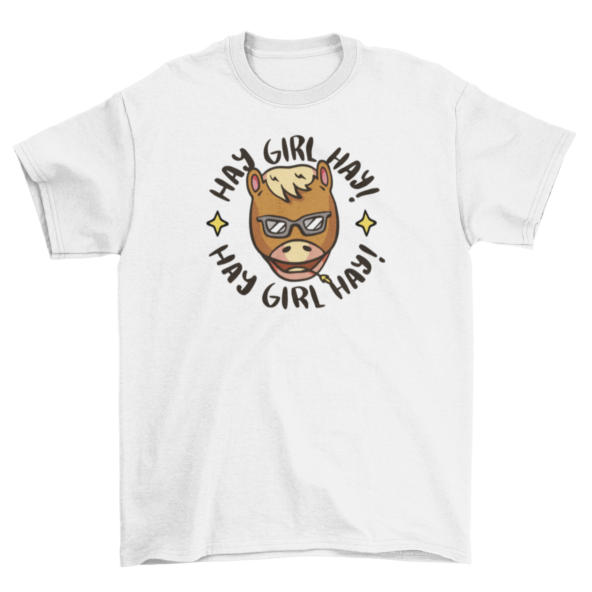 Cool Hay Girl Horse T-Shirt featuring a horse's head and the quote 'Hay girl hay!' in a playful design.