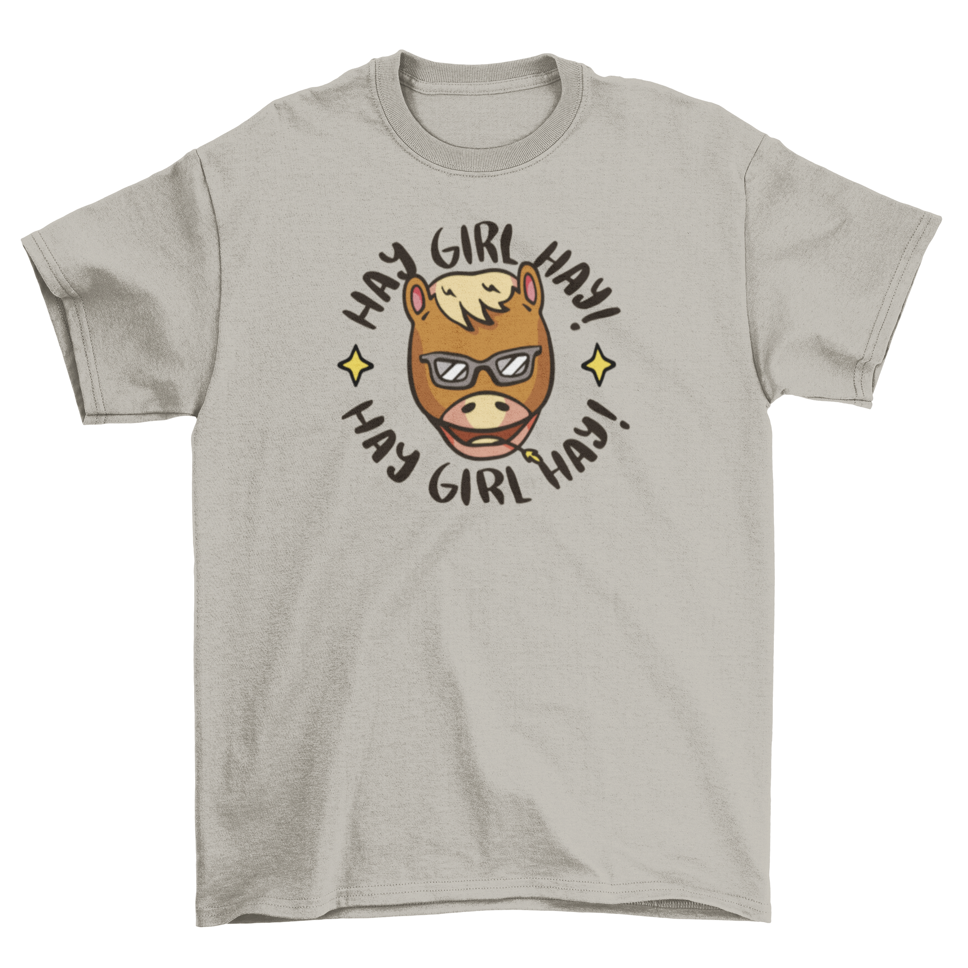 Cool Hay Girl Horse T-Shirt featuring a horse's head and the quote 'Hay girl hay!' in a playful design.