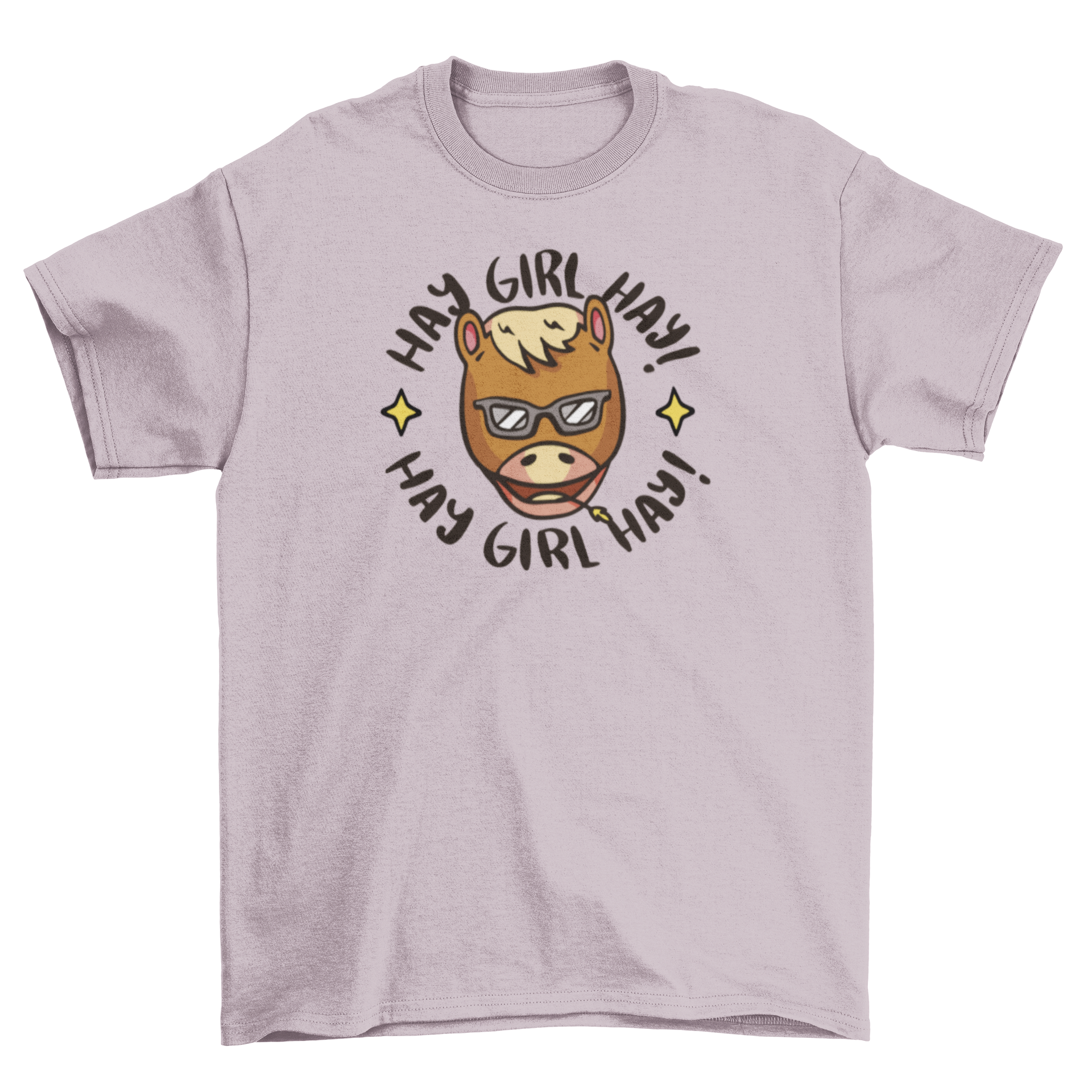 Cool Hay Girl Horse T-Shirt featuring a horse's head and the quote 'Hay girl hay!' in a playful design.