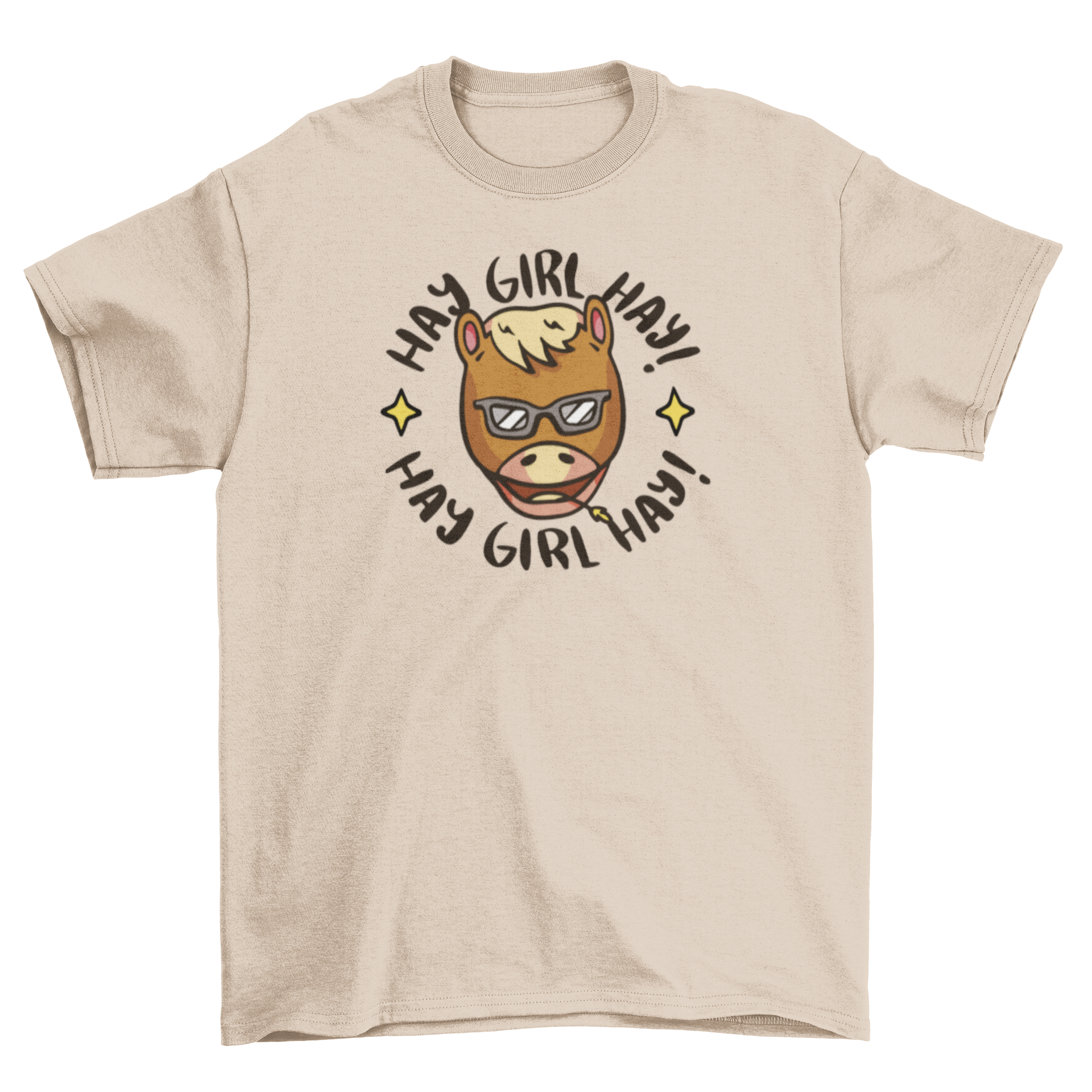 Cool Hay Girl Horse T-Shirt featuring a horse's head and the quote 'Hay girl hay!' in a playful design.