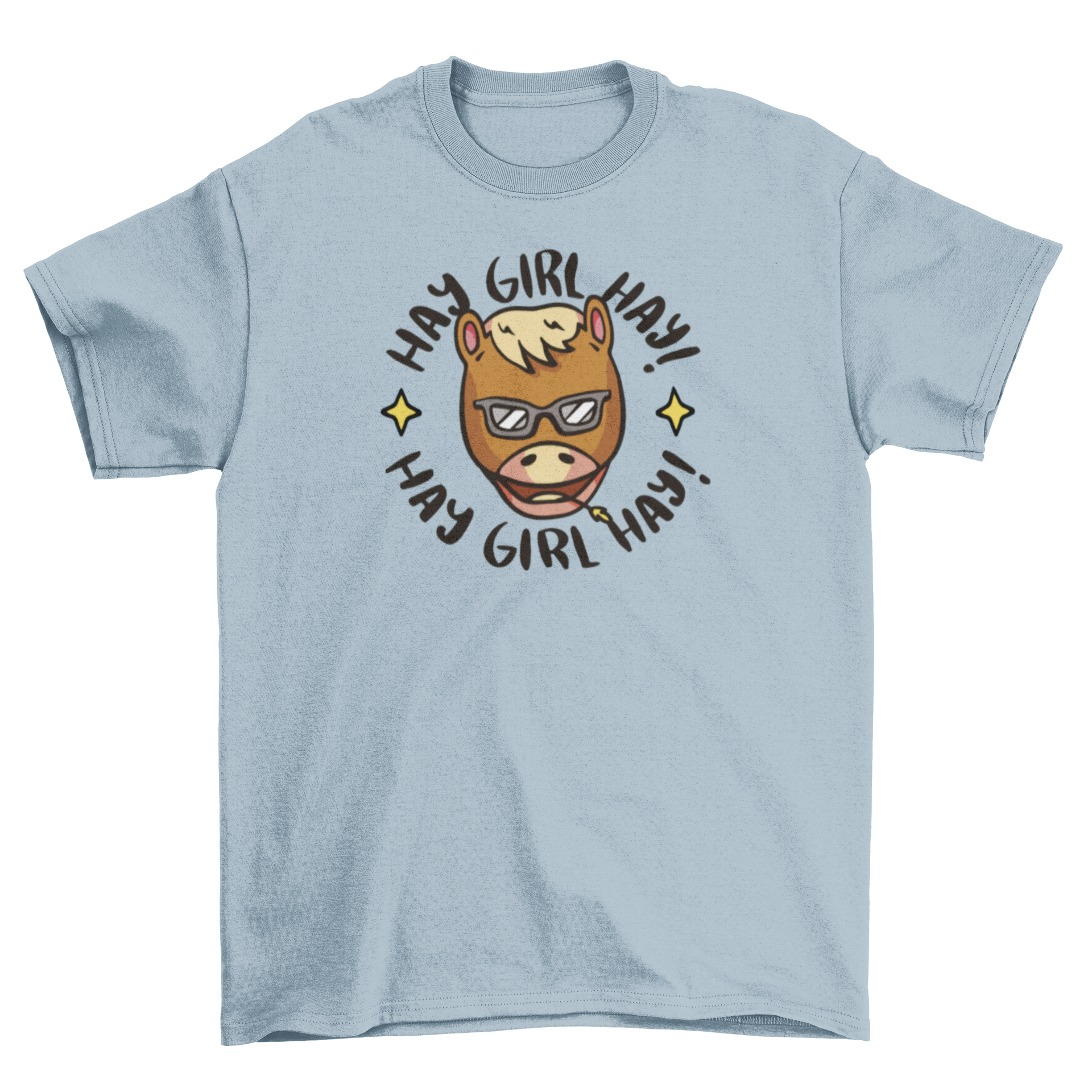 Cool Hay Girl Horse T-Shirt featuring a horse's head and the quote 'Hay girl hay!' in a playful design.