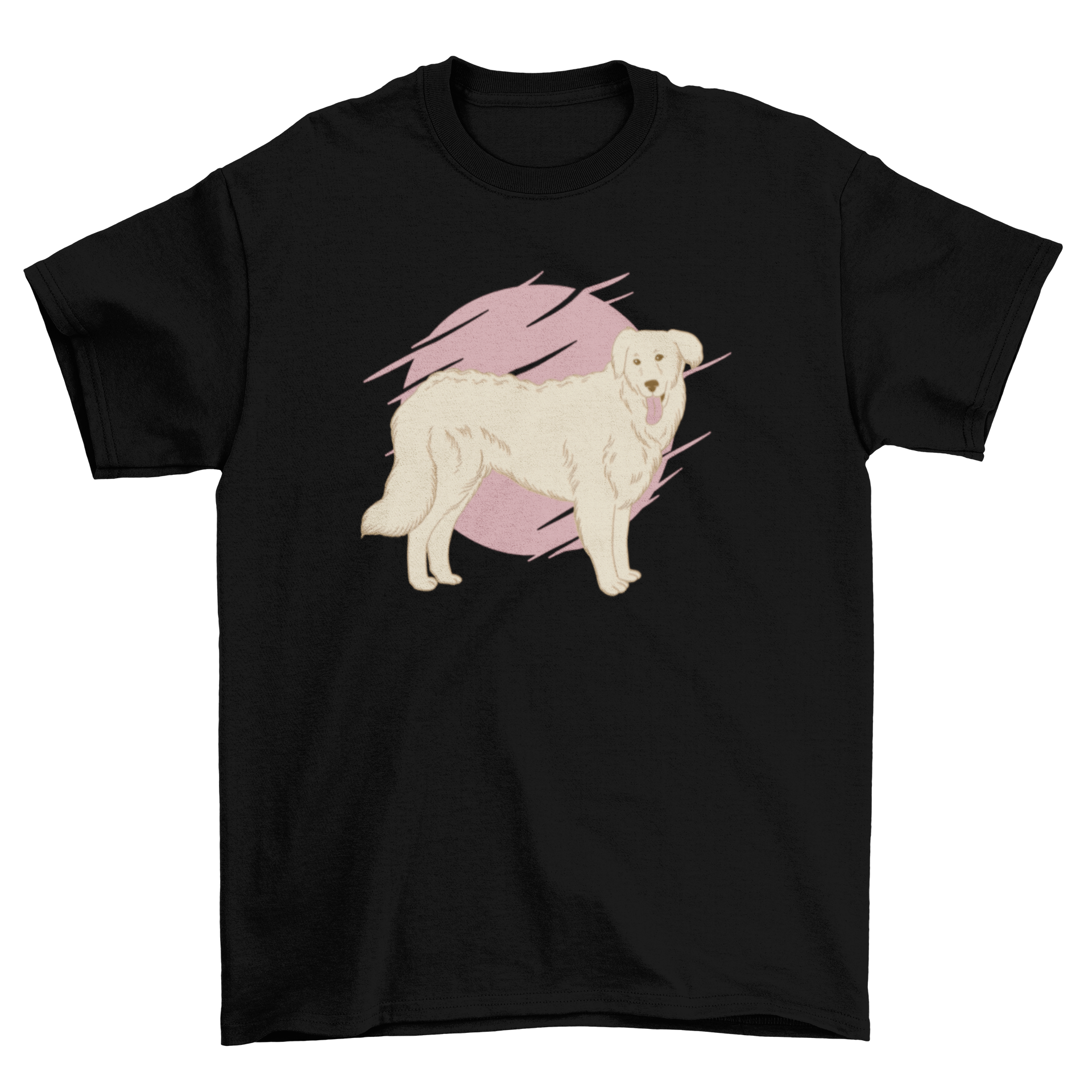A stylish t-shirt featuring a realistic Kuvasz dog design with a distorted circle background, perfect for dog lovers.