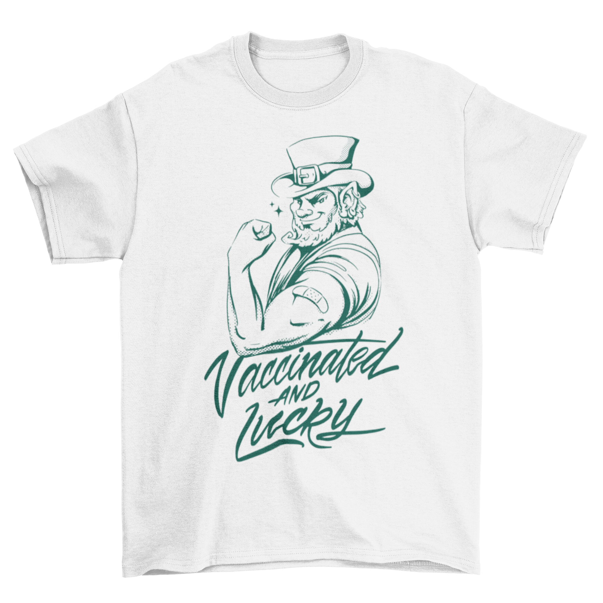 Cool leprechaun t-shirt featuring the quote 'Vaccinated and lucky', perfect for St. Patrick's Day celebrations.