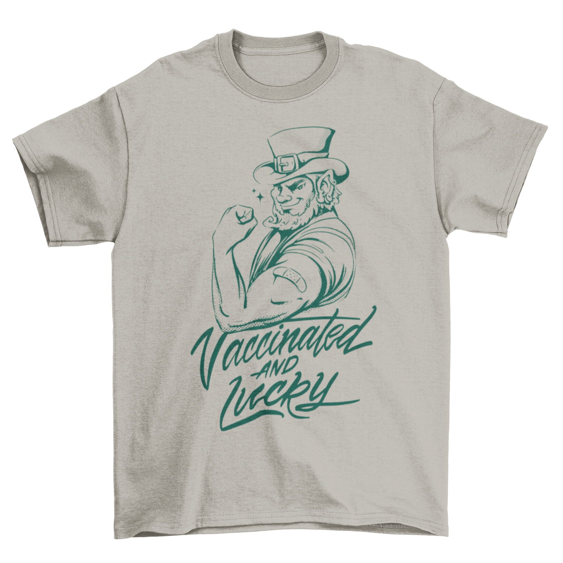 Cool leprechaun t-shirt featuring the quote 'Vaccinated and lucky', perfect for St. Patrick's Day celebrations.