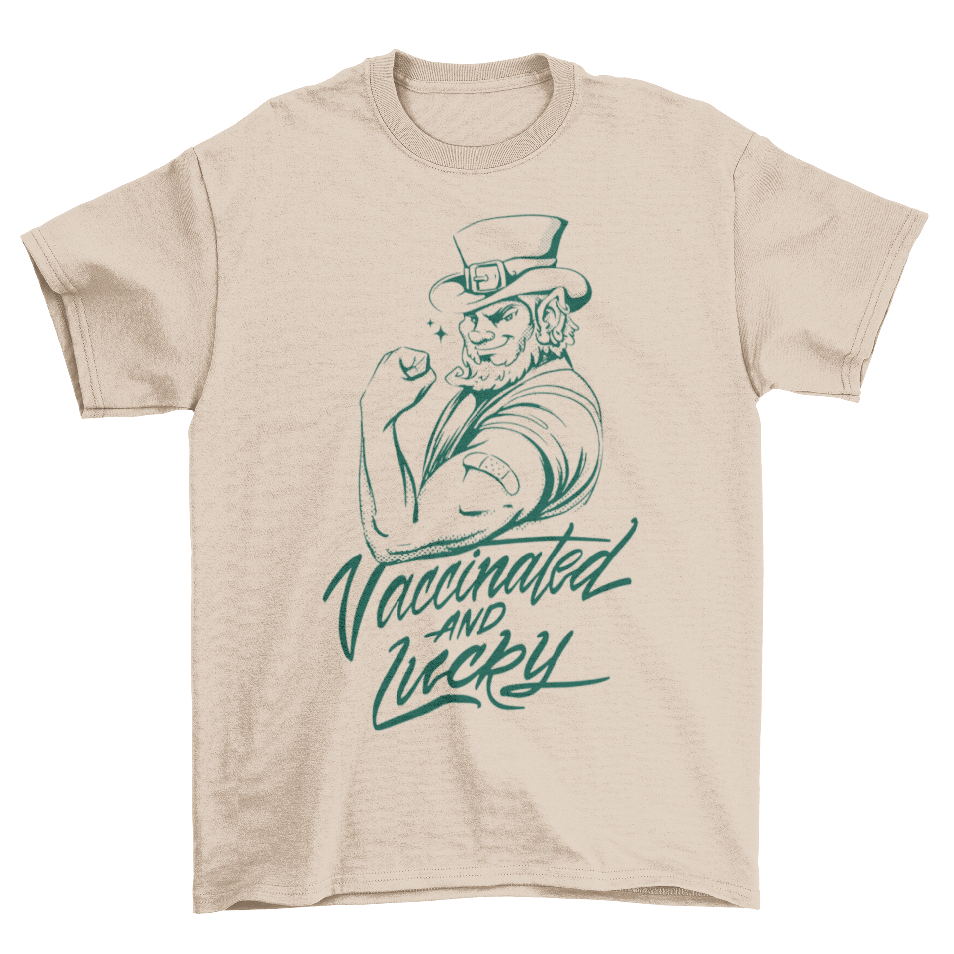 Cool leprechaun t-shirt featuring the quote 'Vaccinated and lucky', perfect for St. Patrick's Day celebrations.