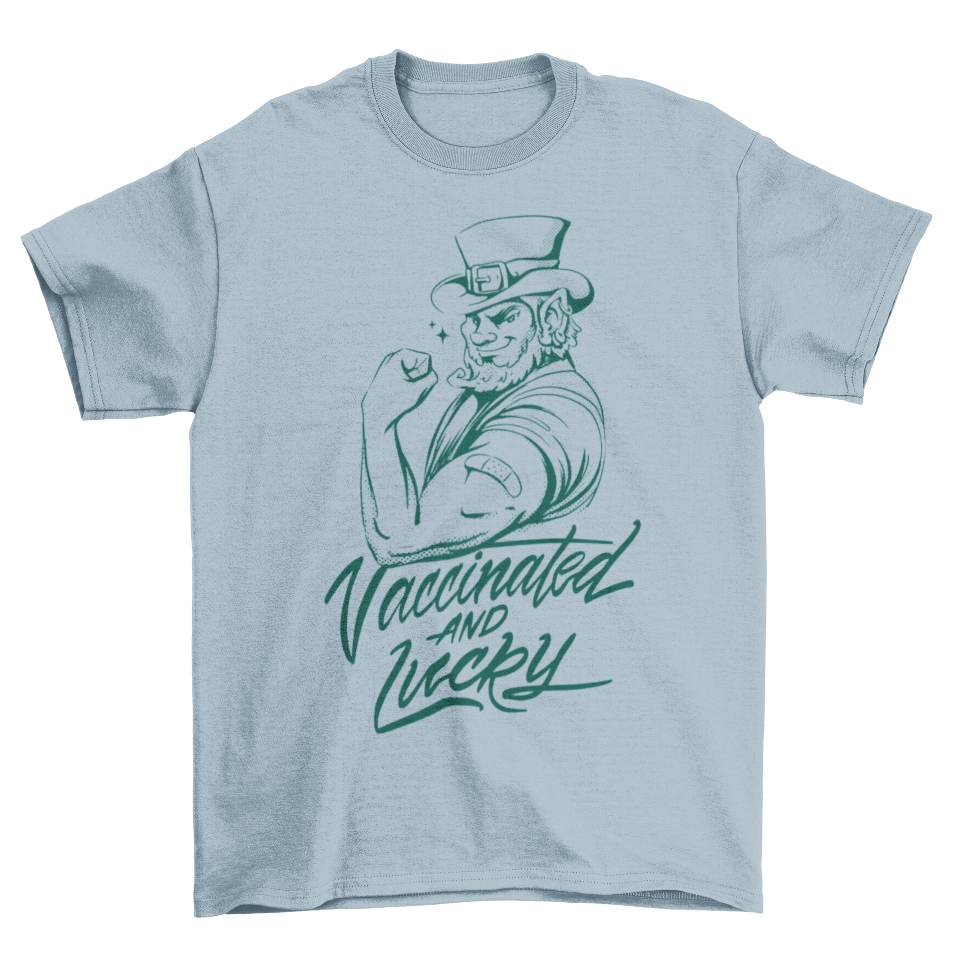Cool leprechaun t-shirt featuring the quote 'Vaccinated and lucky', perfect for St. Patrick's Day celebrations.