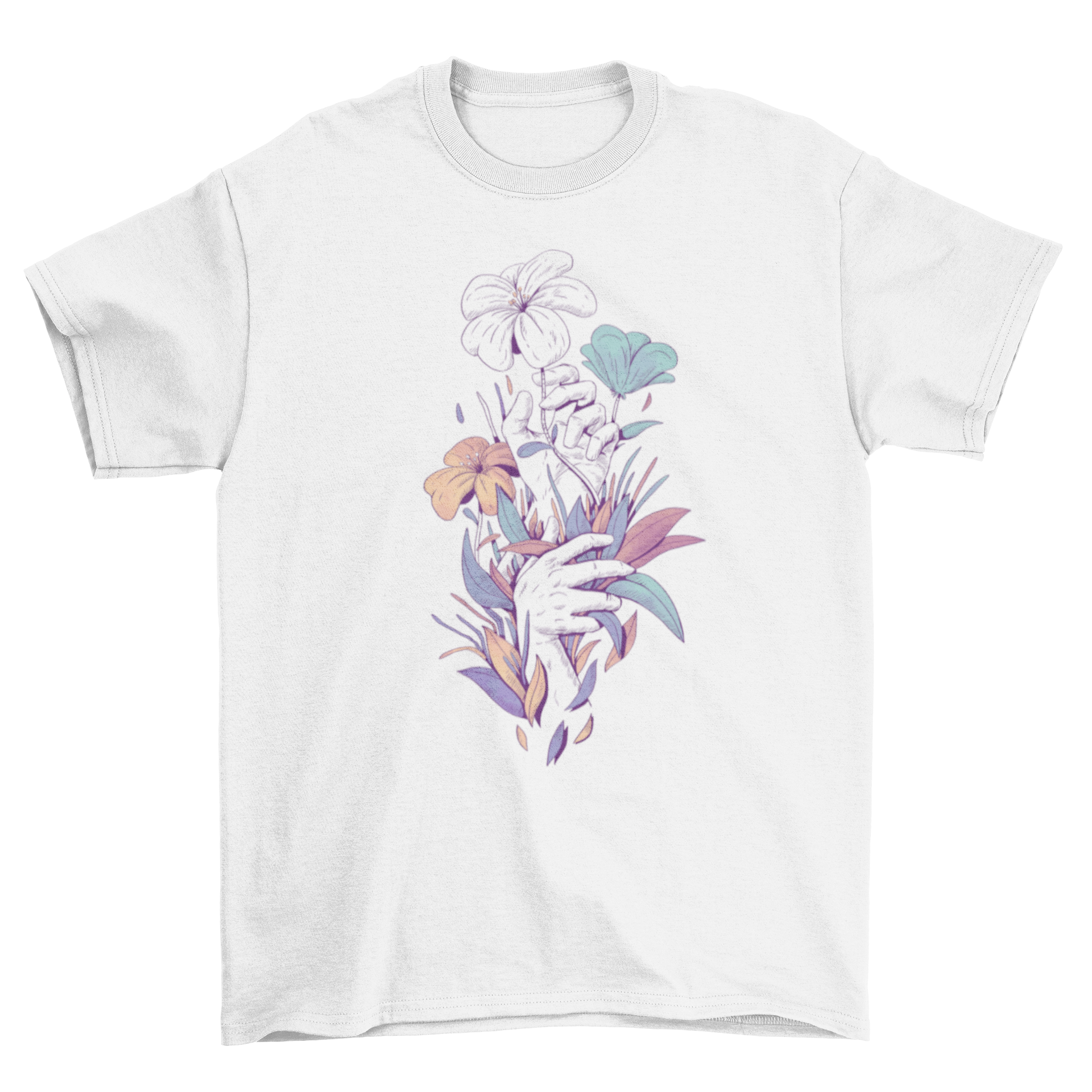 Cool Lovely Fashion Hands t-shirt featuring hands grabbing colorful leaves and flowers in an artistic illustration style.