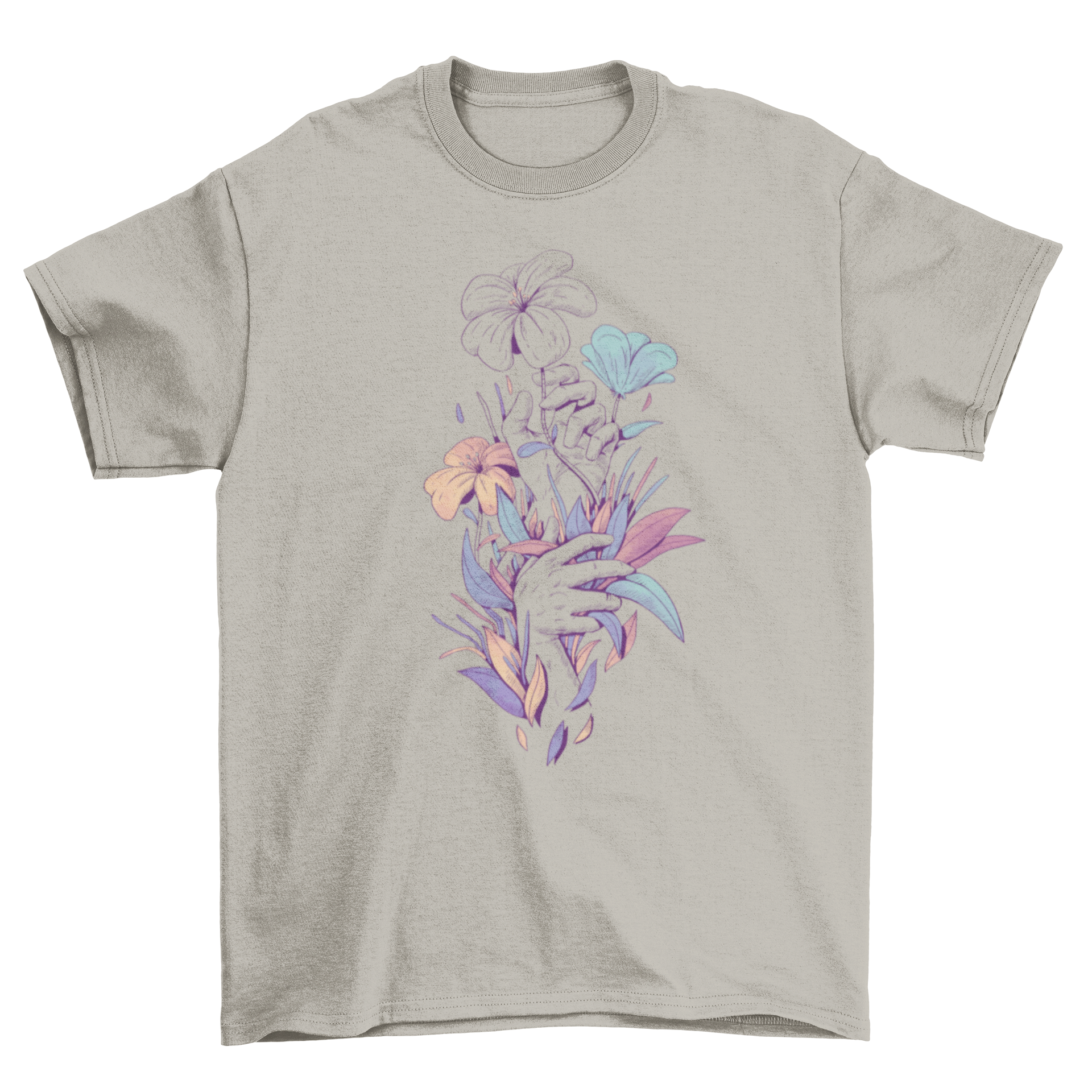 Cool Lovely Fashion Hands t-shirt featuring hands grabbing colorful leaves and flowers in an artistic illustration style.