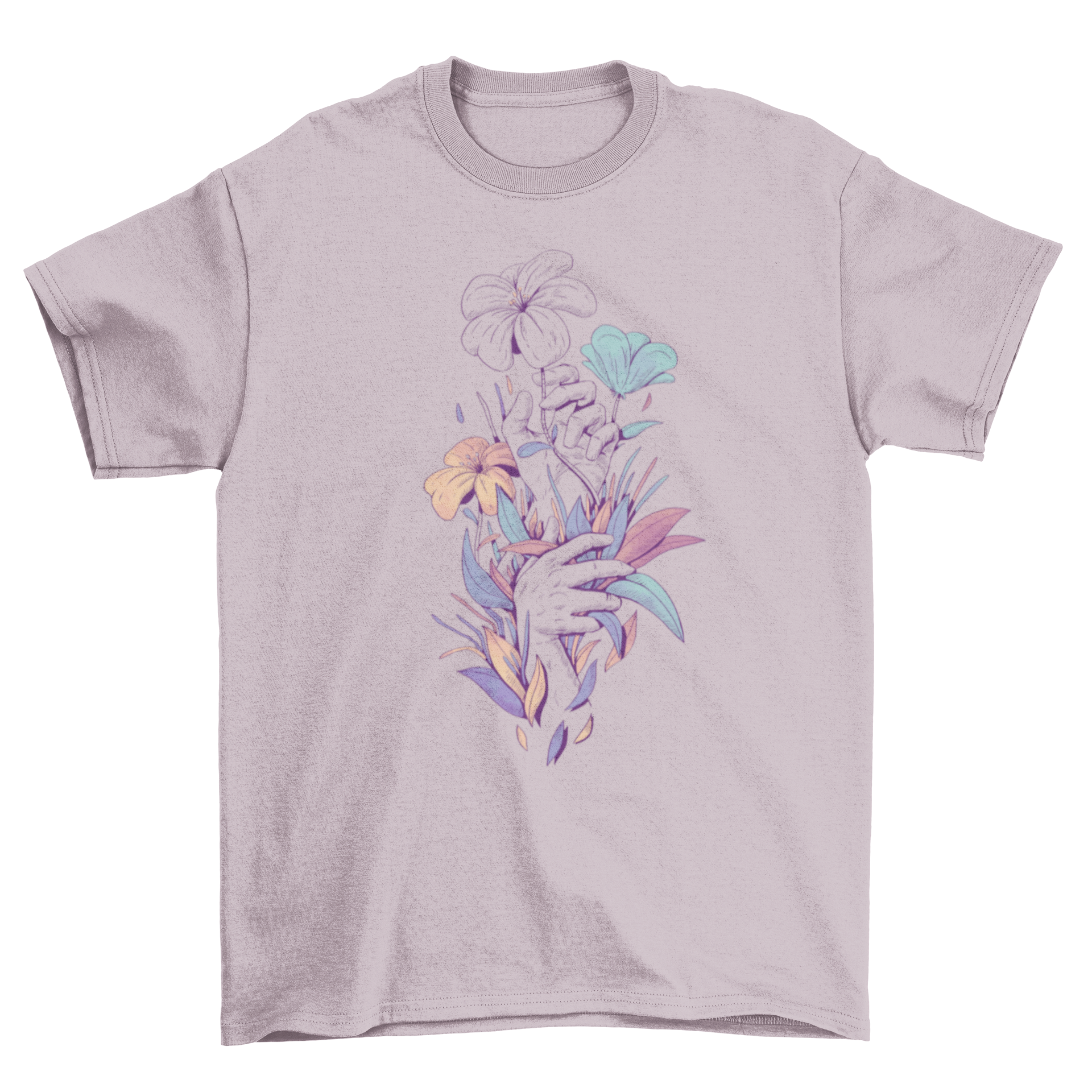 Cool Lovely Fashion Hands t-shirt featuring hands grabbing colorful leaves and flowers in an artistic illustration style.