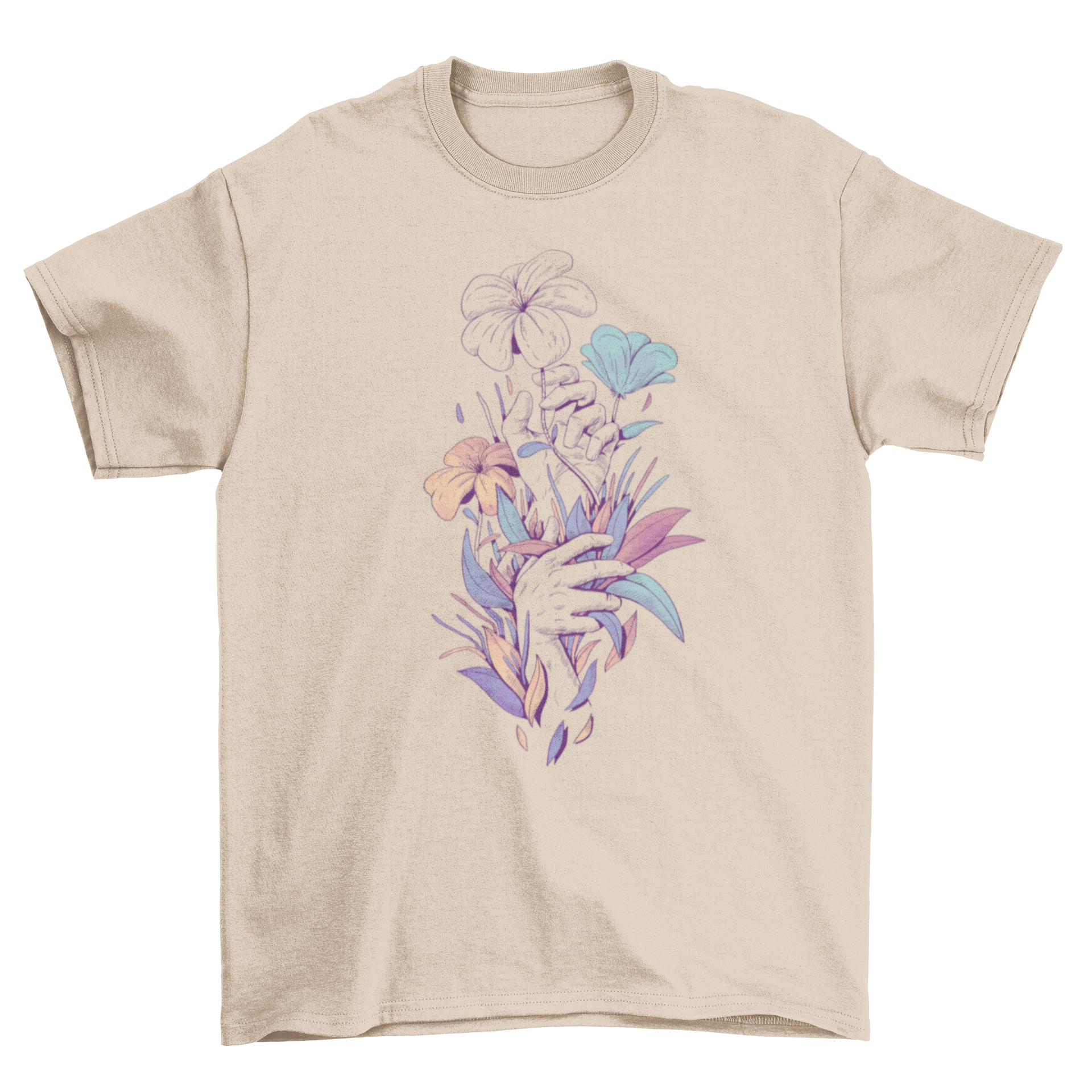 Cool Lovely Fashion Hands t-shirt featuring hands grabbing colorful leaves and flowers in an artistic illustration style.