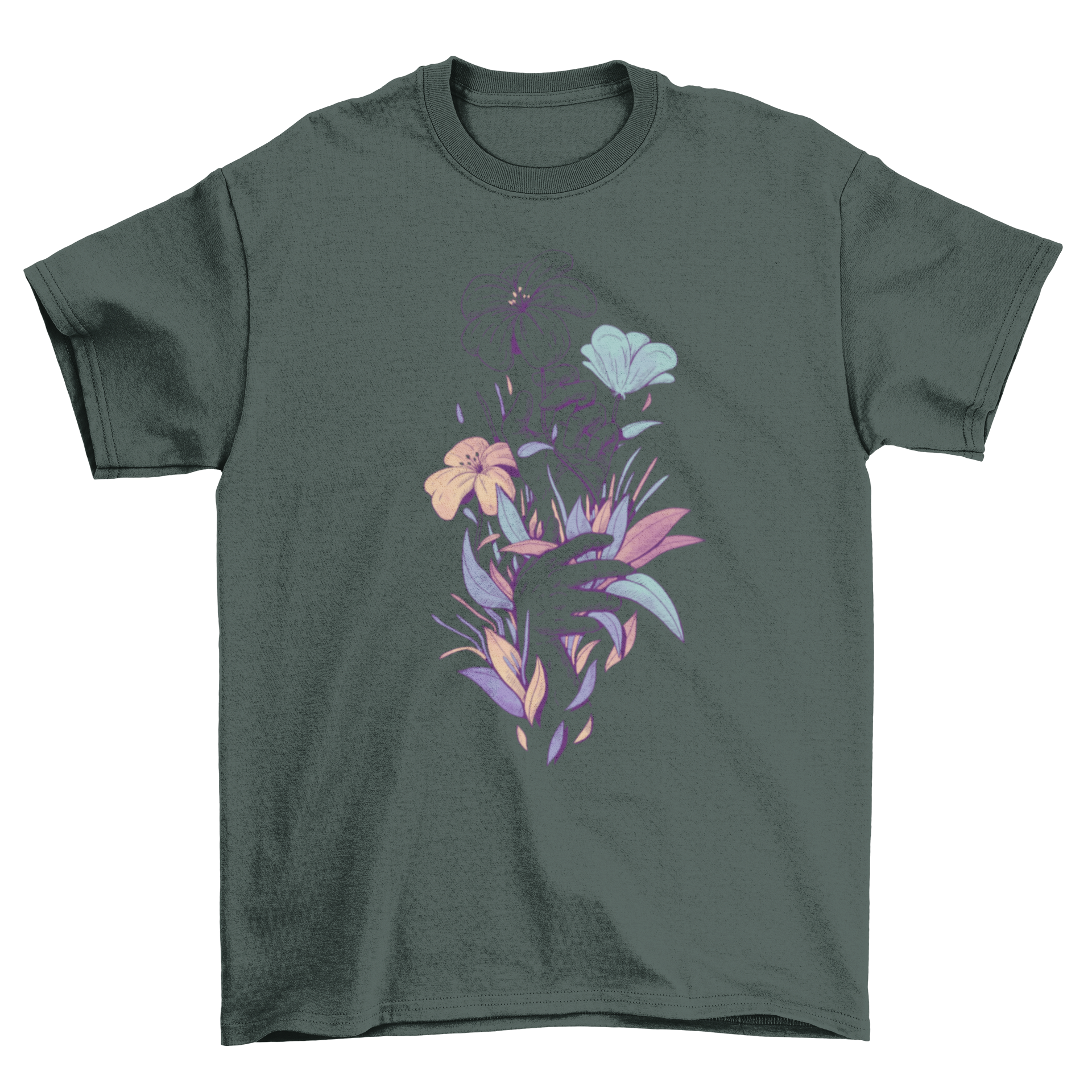 Cool Lovely Fashion Hands t-shirt featuring hands grabbing colorful leaves and flowers in an artistic illustration style.