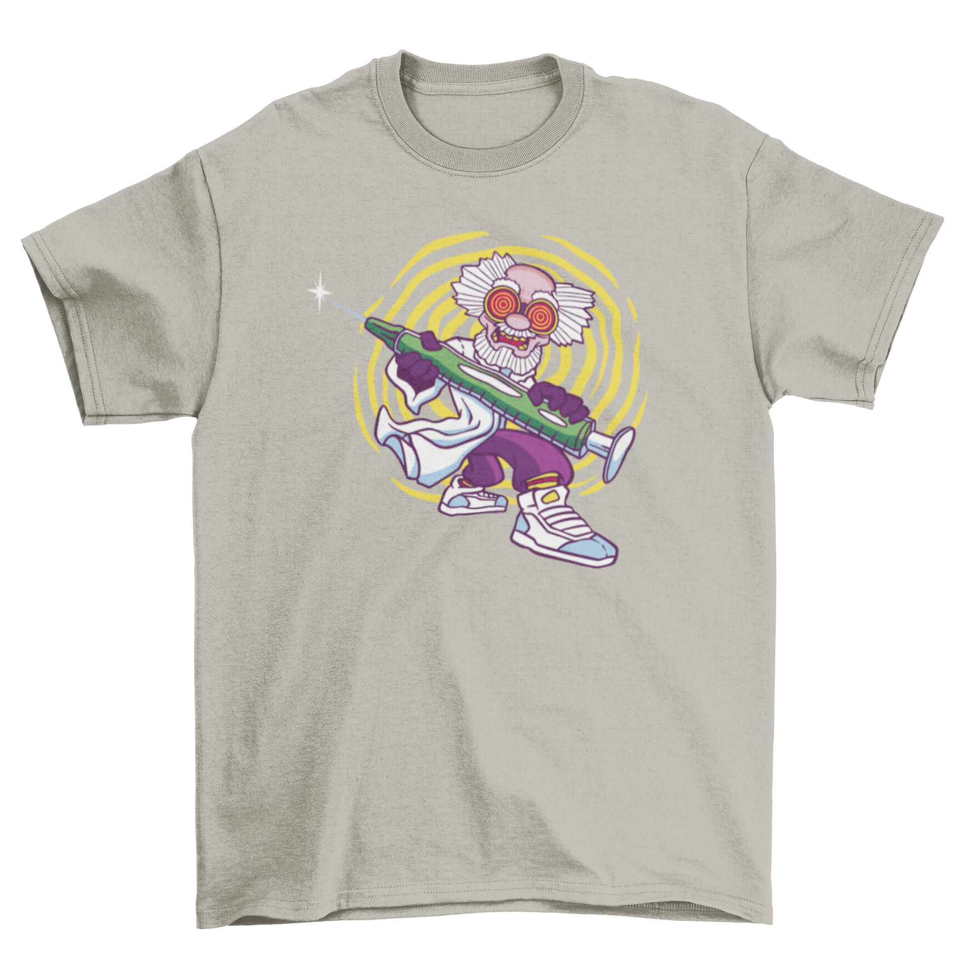 Cool mad scientist t-shirt featuring a scientist with a giant vaccine graphic, perfect for science enthusiasts.