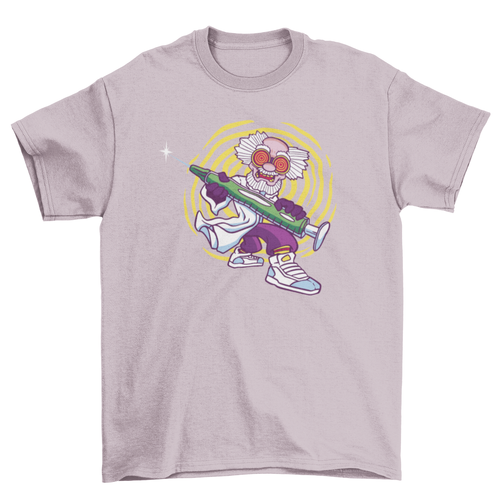 Cool mad scientist t-shirt featuring a scientist with a giant vaccine graphic, perfect for science enthusiasts.